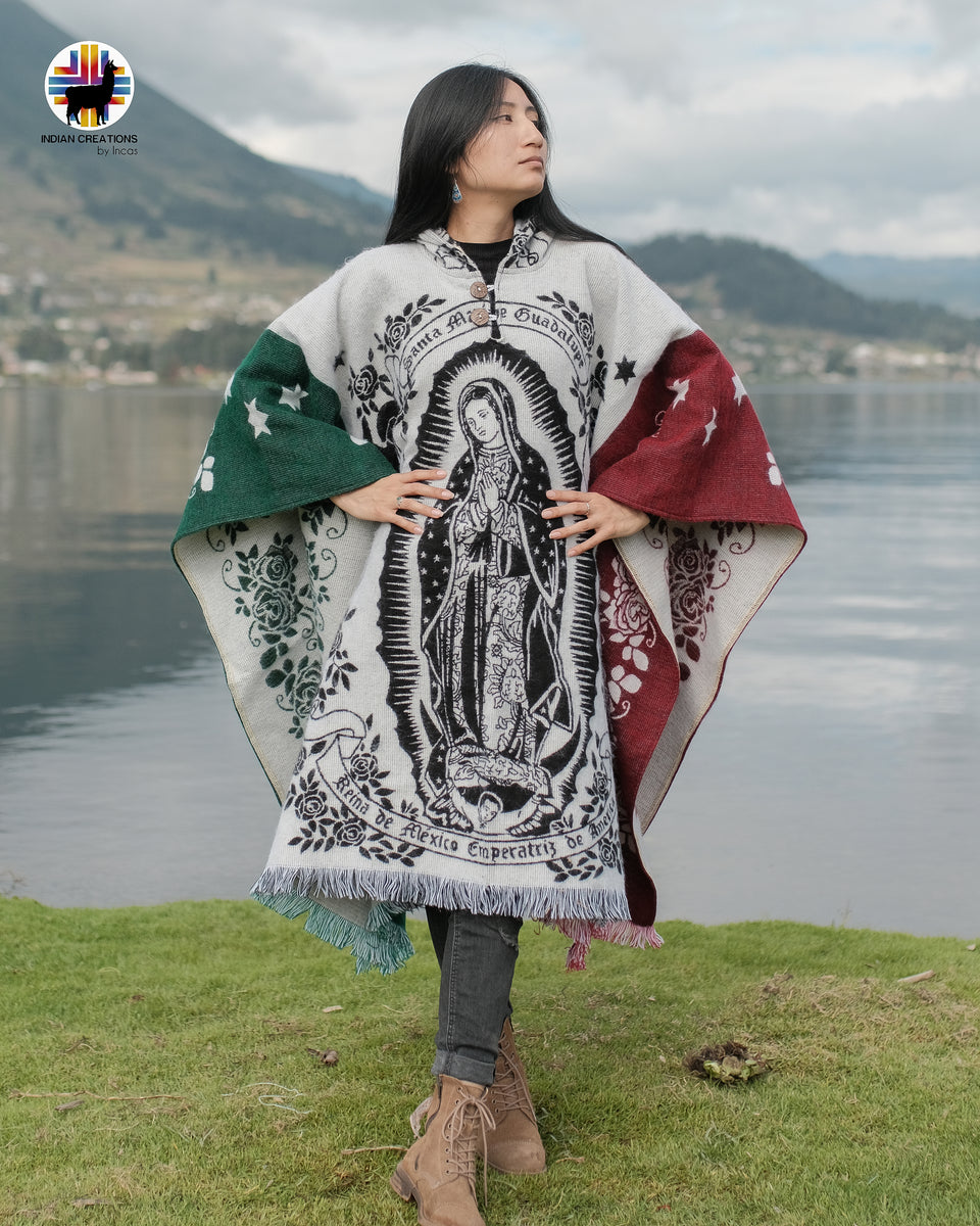 Lady of Guadalupe Mexican Flag Alpaca Poncho – Indian Creations Corp