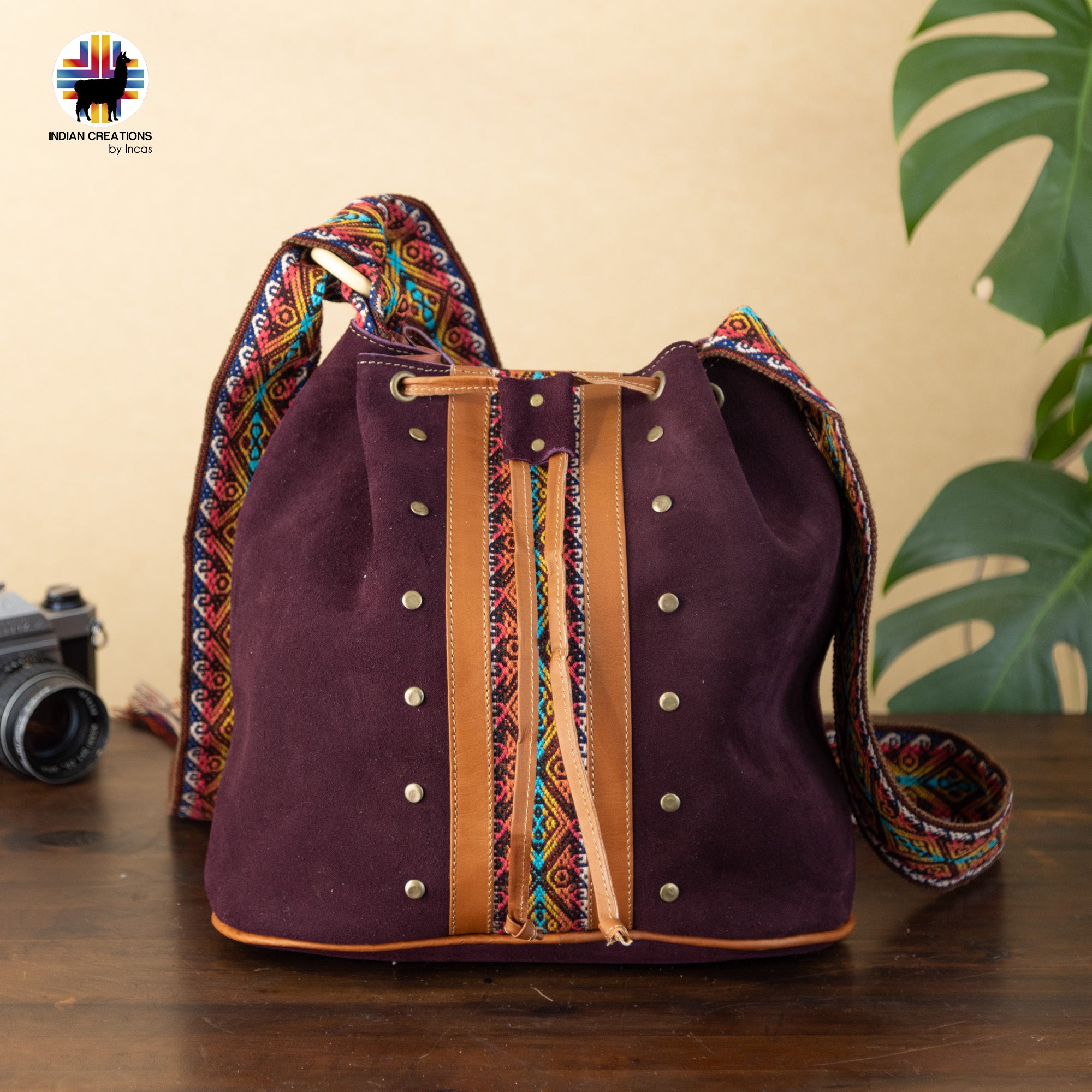 Unique Suede Leather Shoulder Bag. Handcrafted by Indigenous Hands. Lightweight Bucket Bag. Hippie & Bohemian Style. FREE SHIPPING!