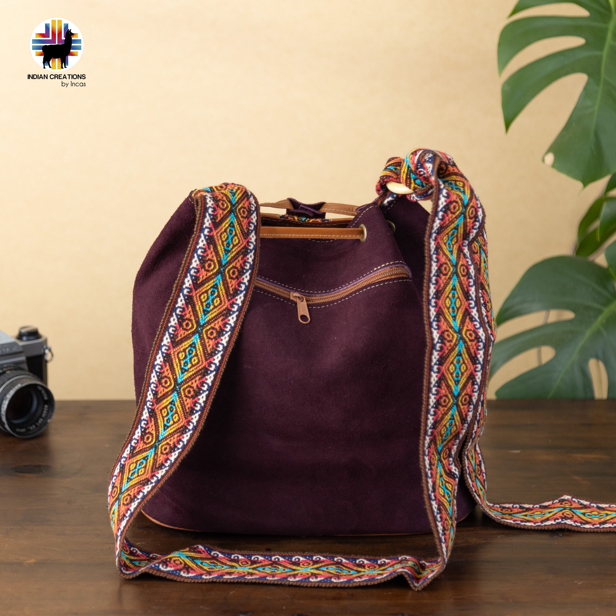 Unique Suede Leather Shoulder Bag. Handcrafted by Indigenous Hands. Lightweight Bucket Bag. Hippie & Bohemian Style. FREE SHIPPING!