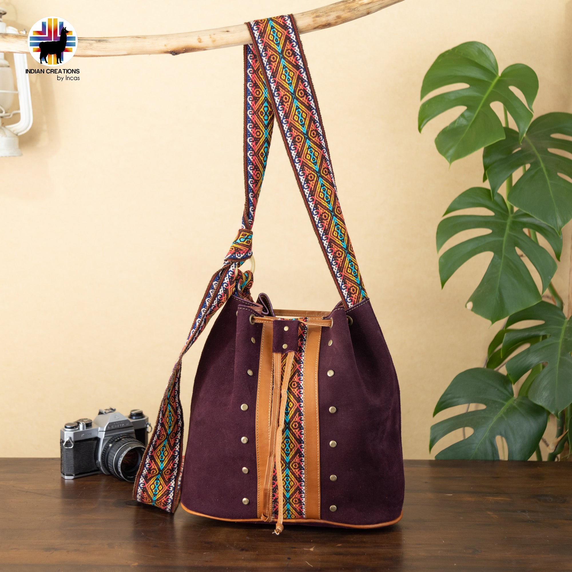 Unique Suede Leather Shoulder Bag. Handcrafted by Indigenous Hands. Lightweight Bucket Bag. Hippie & Bohemian Style. FREE SHIPPING!