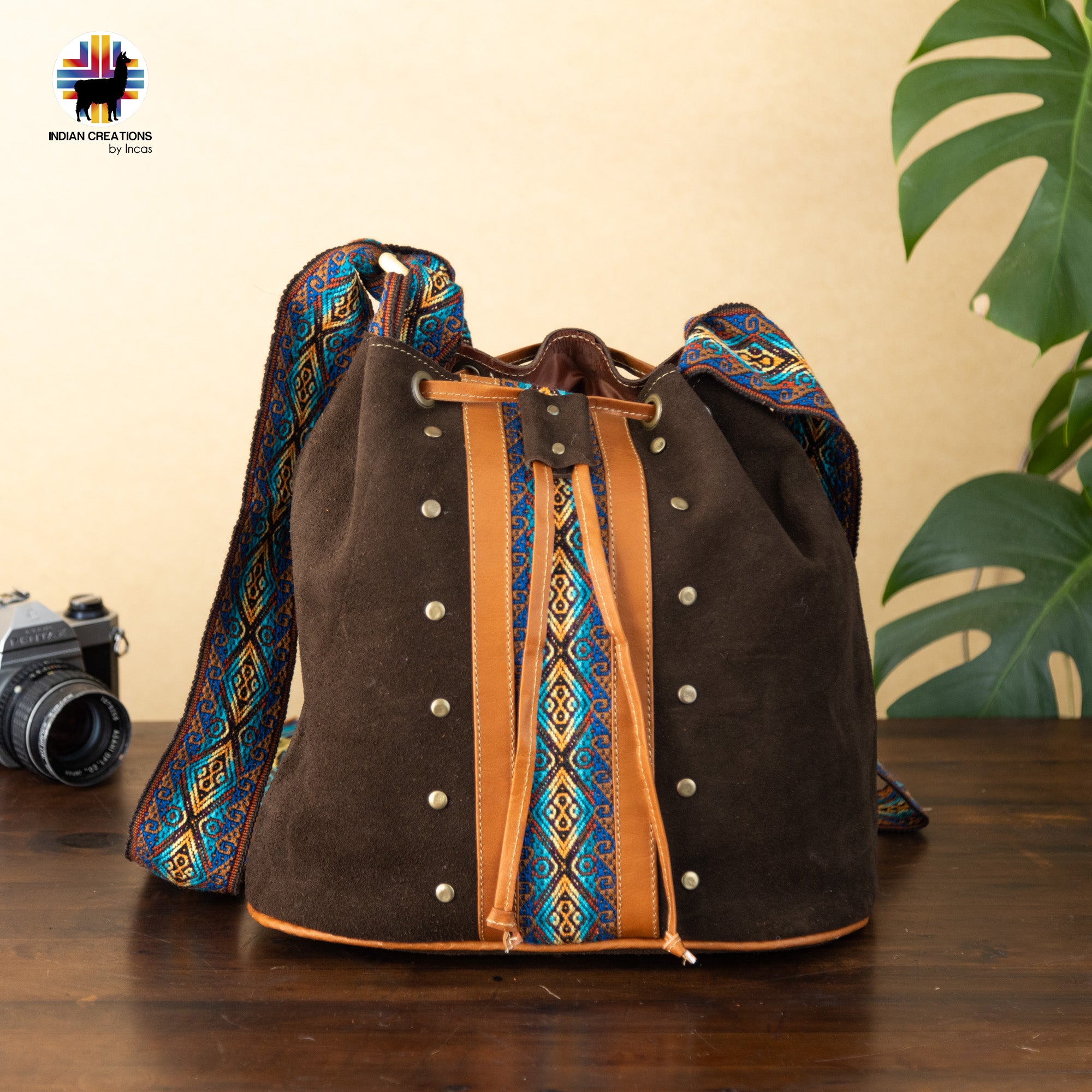 Unique Suede Leather Shoulder Bag. Handcrafted by Indigenous Hands. Lightweight Bucket Bag. Hippie & Bohemian Style. FREE SHIPPING!