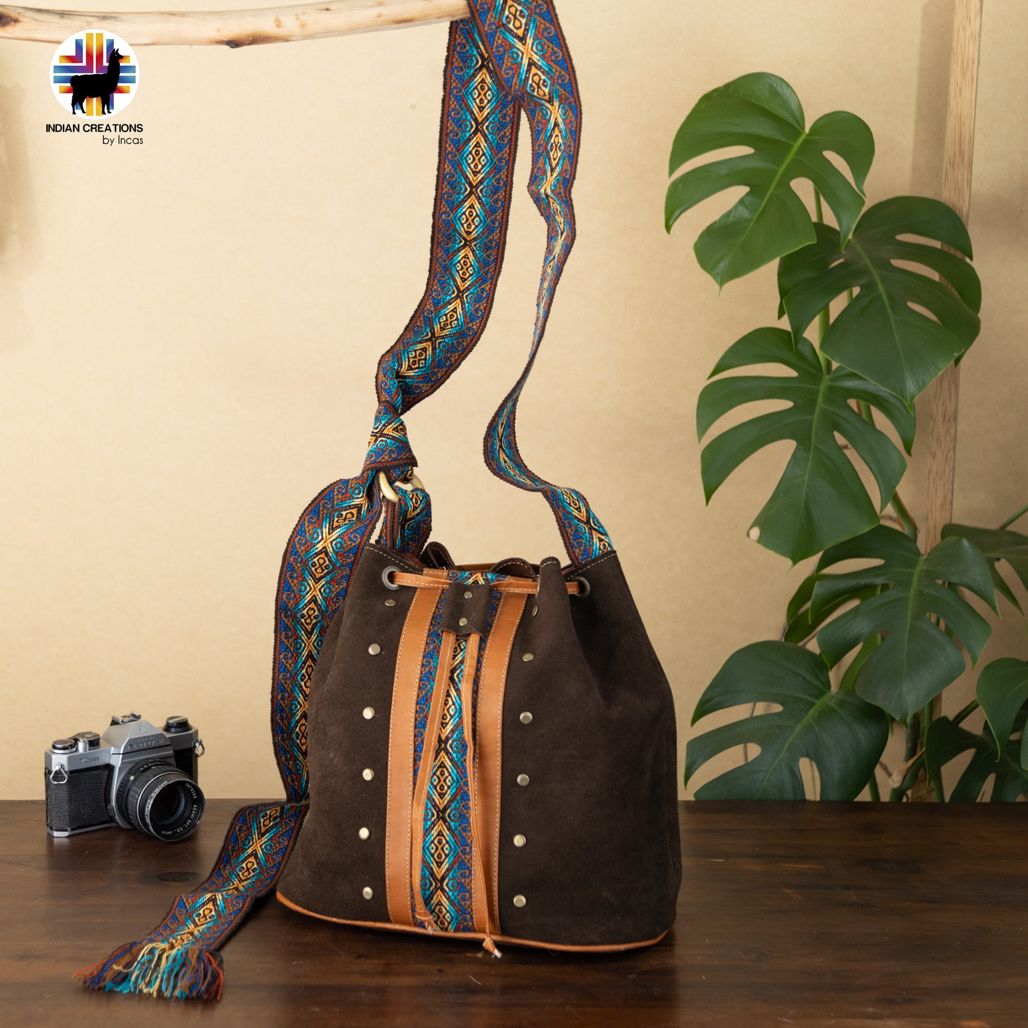 Unique Suede Leather Shoulder Bag. Handcrafted by Indigenous Hands. Lightweight Bucket Bag. Hippie & Bohemian Style. FREE SHIPPING!