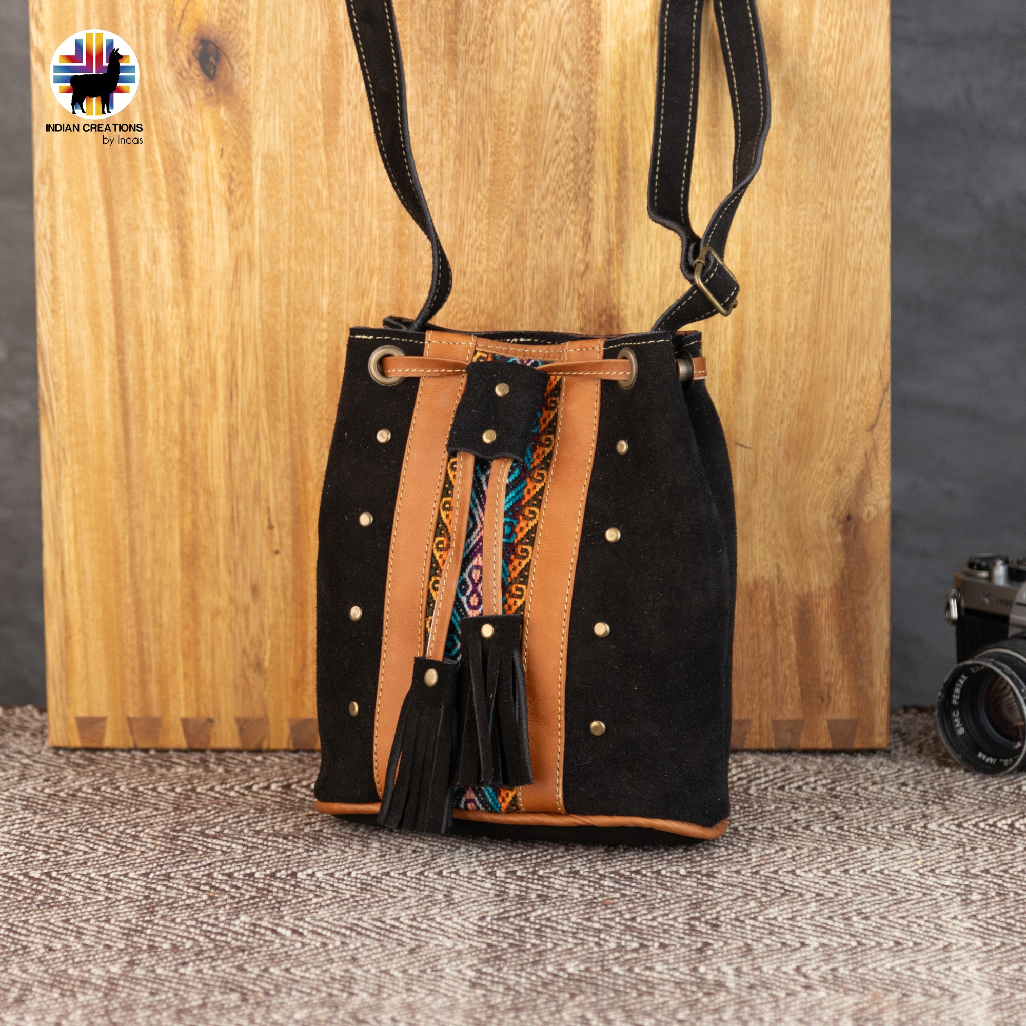 Mini Suede Leather Shoulder Bag. Handcrafted by Indigenous Hands. Lightweight Bucket Bag. Hippie & Bohemian Style. FREE SHIPPING!