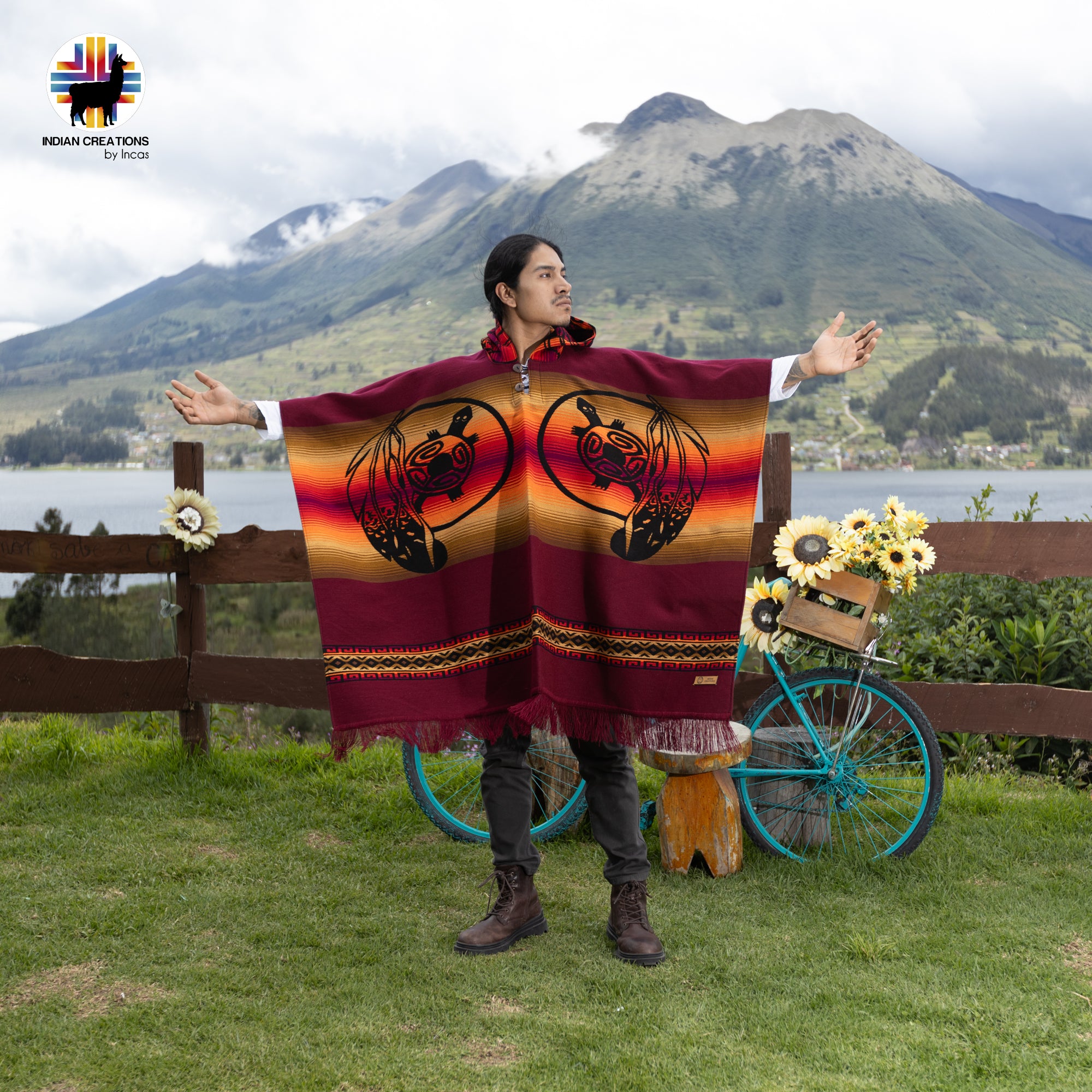 Sunset Turtle Alpaca Wool Poncho Handcrafted by Indigenous Hands.