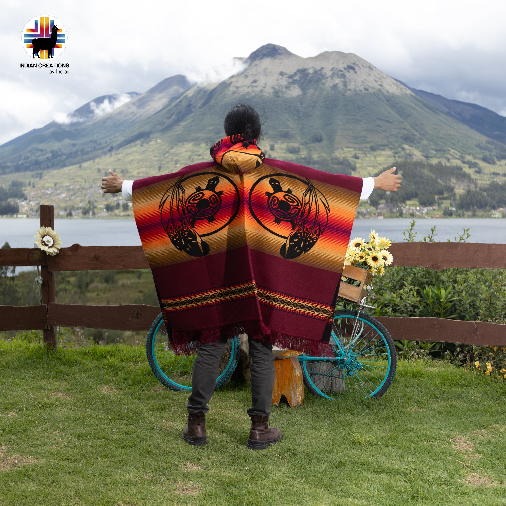 Sunset Turtle Alpaca Wool Poncho Handcrafted by Indigenous Hands.