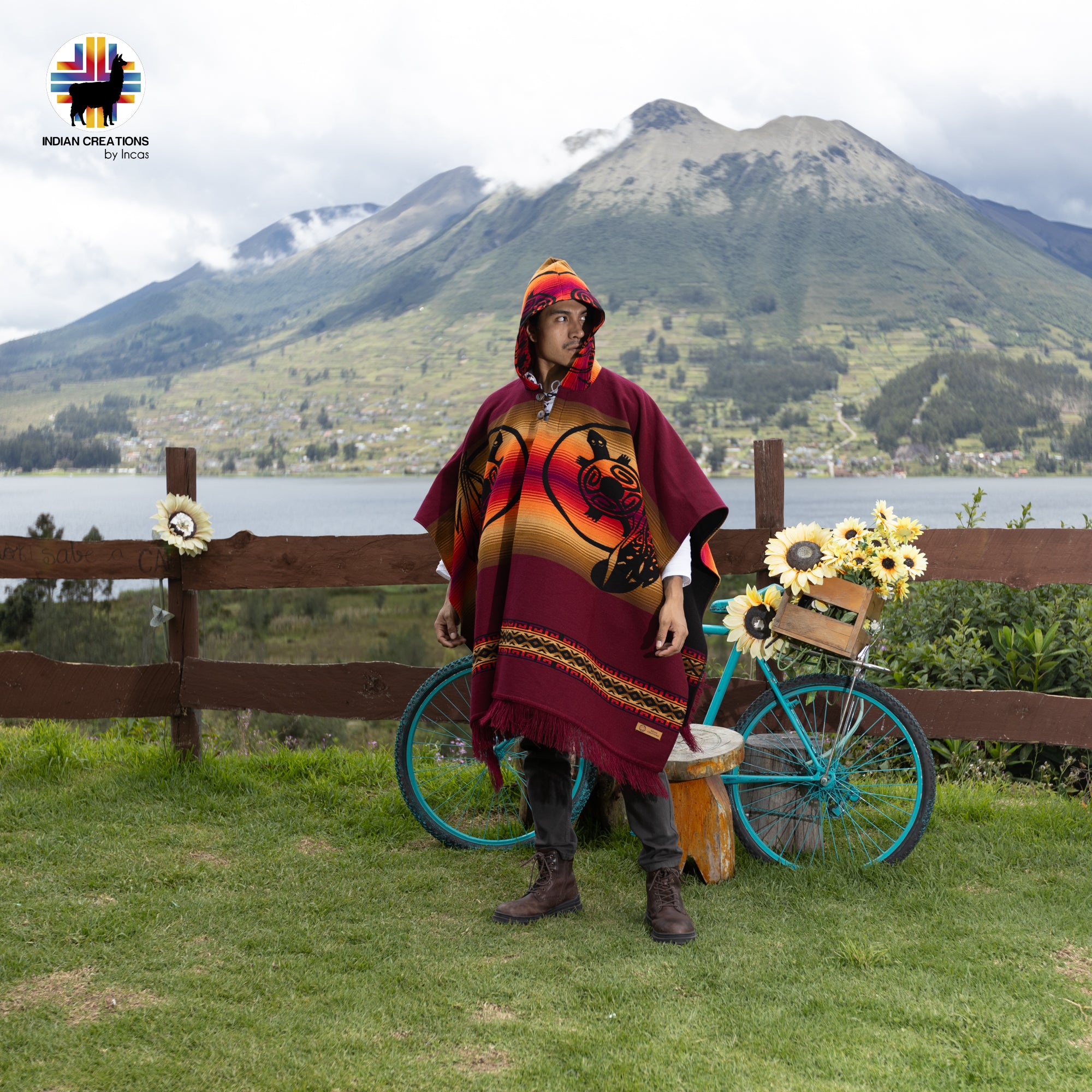 Sunset Turtle Alpaca Wool Poncho Handcrafted by Indigenous Hands.