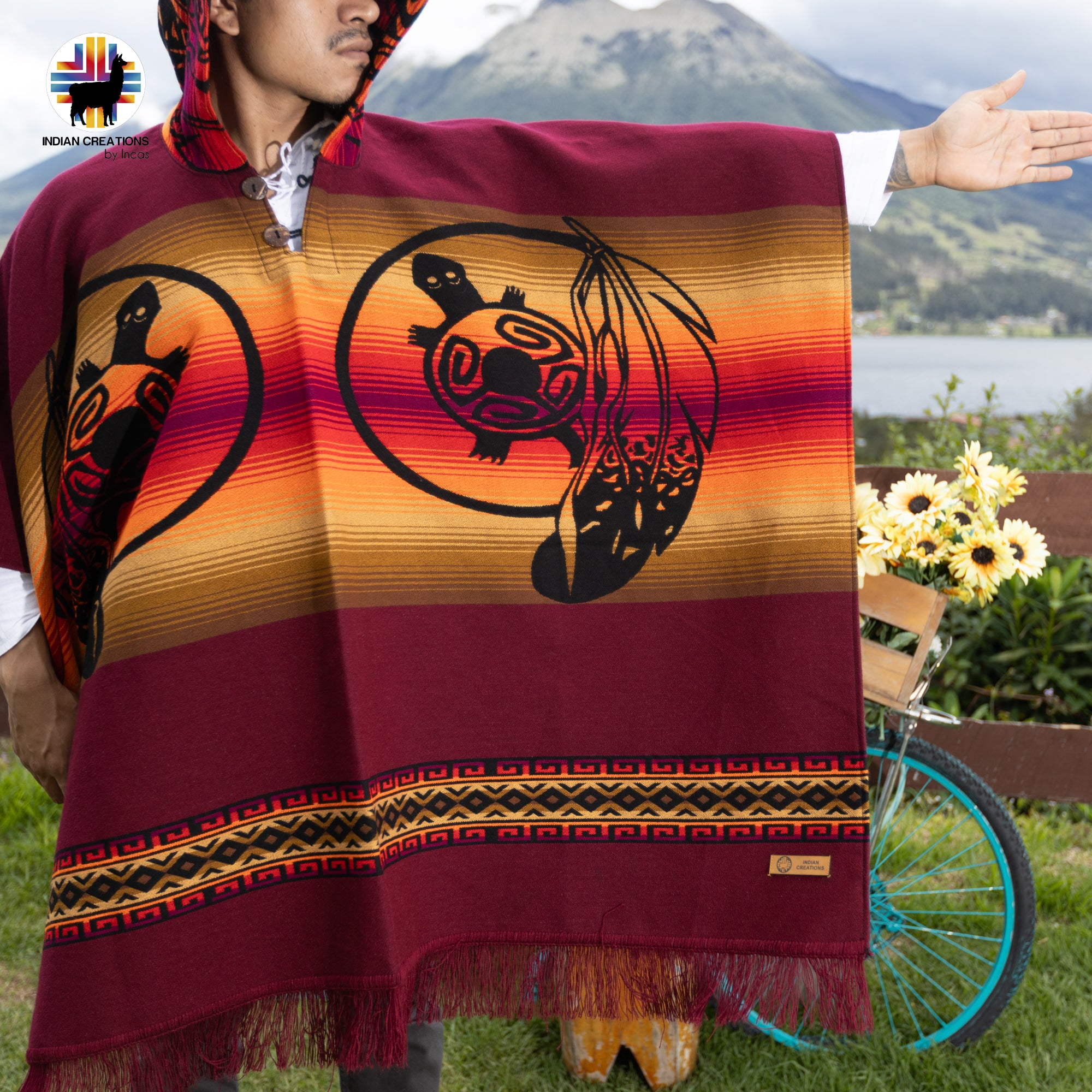 Sunset Turtle Alpaca Wool Poncho Handcrafted by Indigenous Hands.