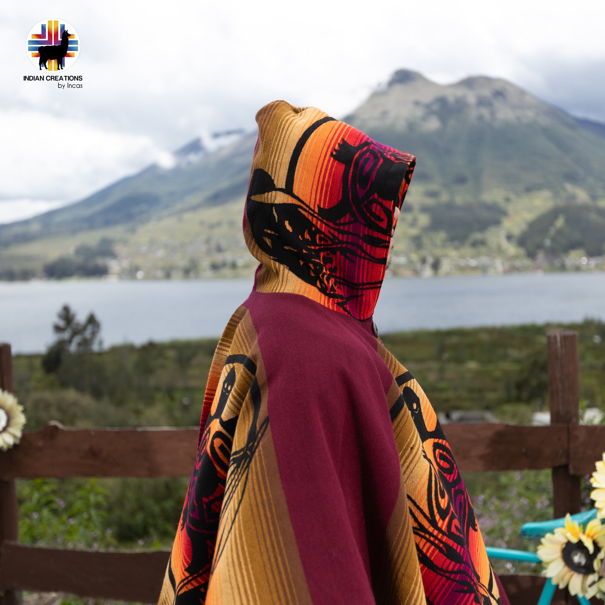 Sunset Turtle Alpaca Wool Poncho Handcrafted by Indigenous Hands.