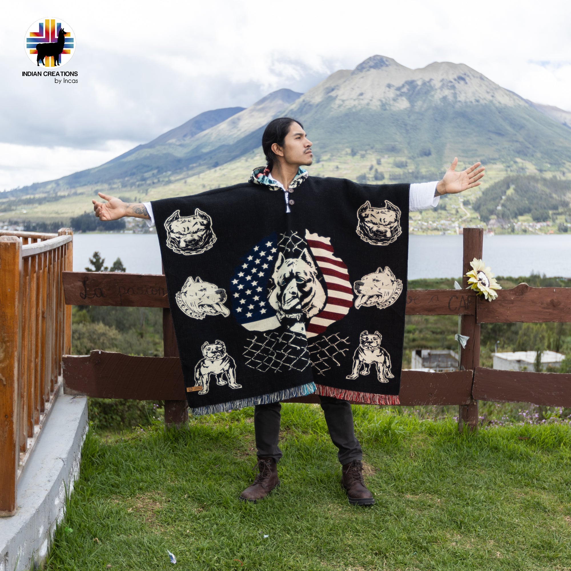 American Pitbull Alpaca Wool Poncho Handcrafted by Indigenous Hands.