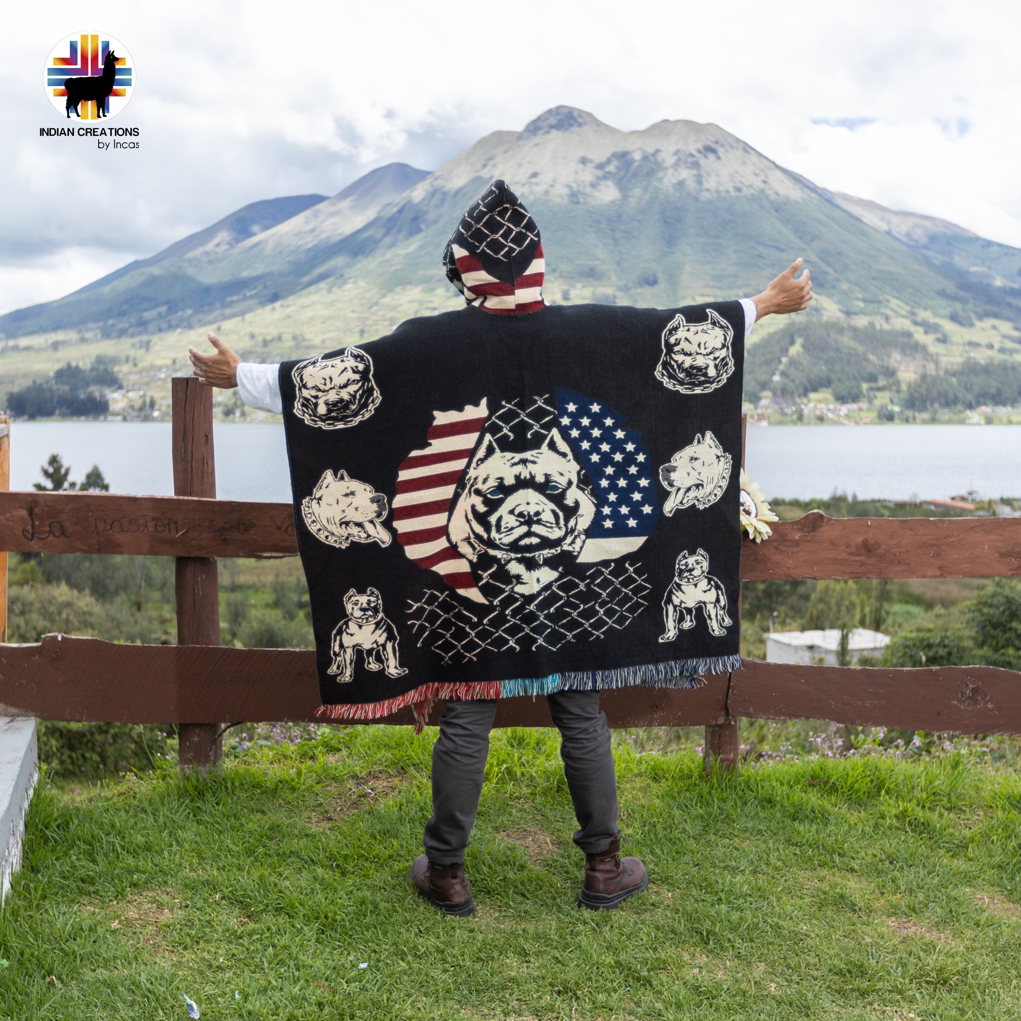 American Pitbull Alpaca Wool Poncho Handcrafted by Indigenous Hands.