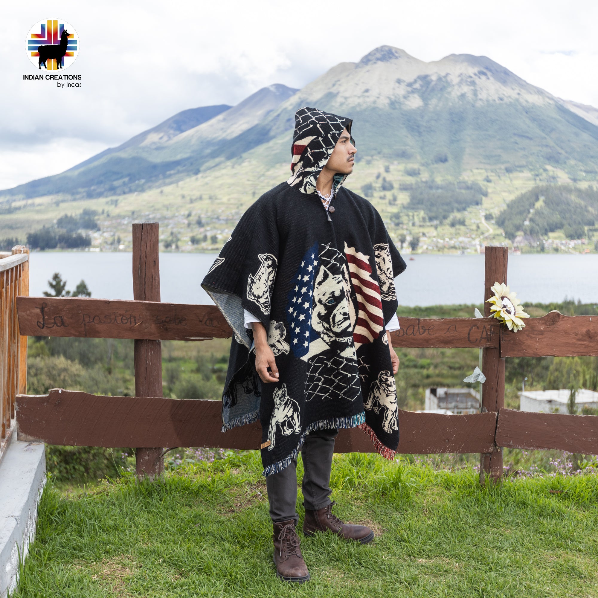 American Pitbull Alpaca Wool Poncho Handcrafted by Indigenous Hands.