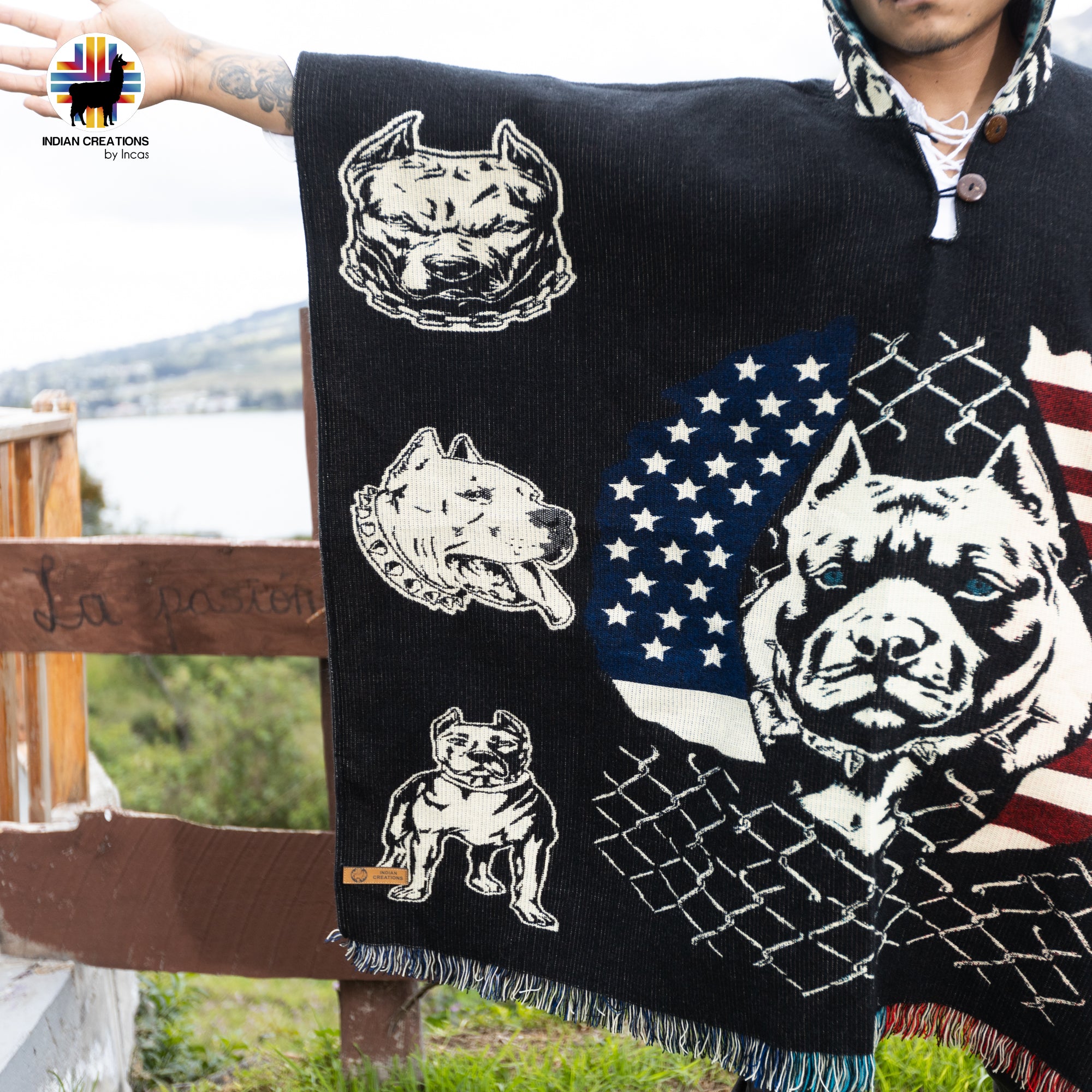 American Pitbull Alpaca Wool Poncho Handcrafted by Indigenous Hands.