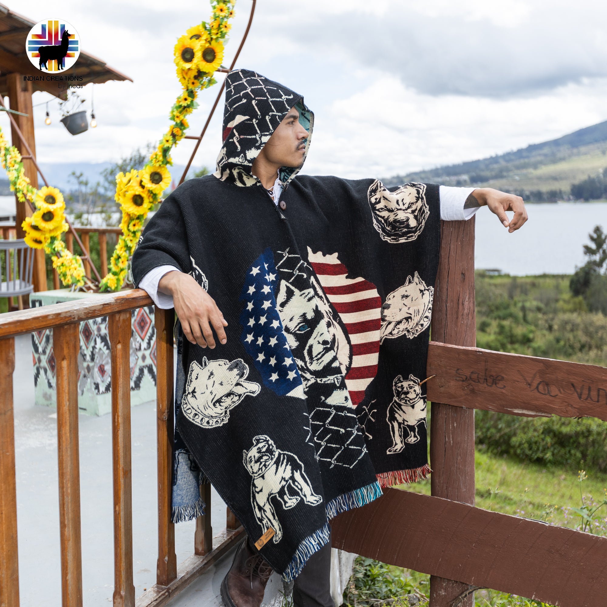 American Pitbull Alpaca Wool Poncho Handcrafted by Indigenous Hands.