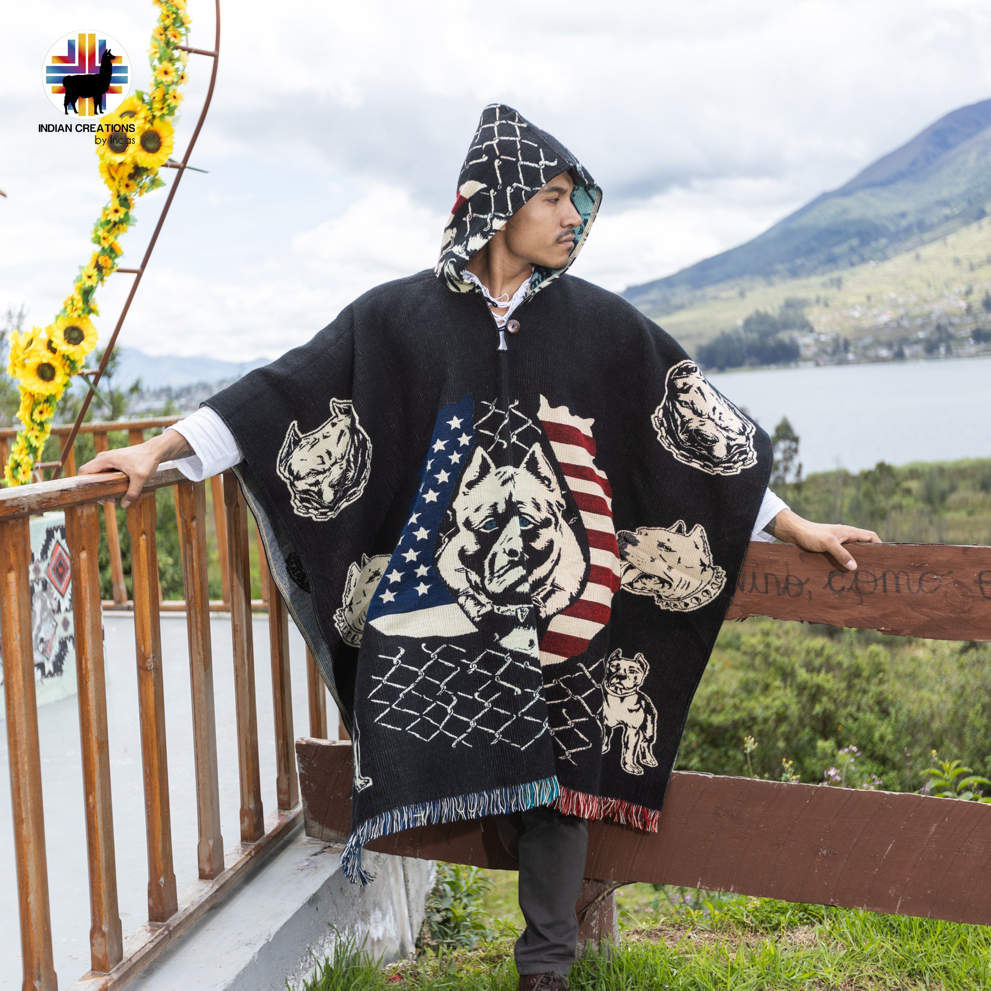 American Pitbull Alpaca Wool Poncho Handcrafted by Indigenous Hands.