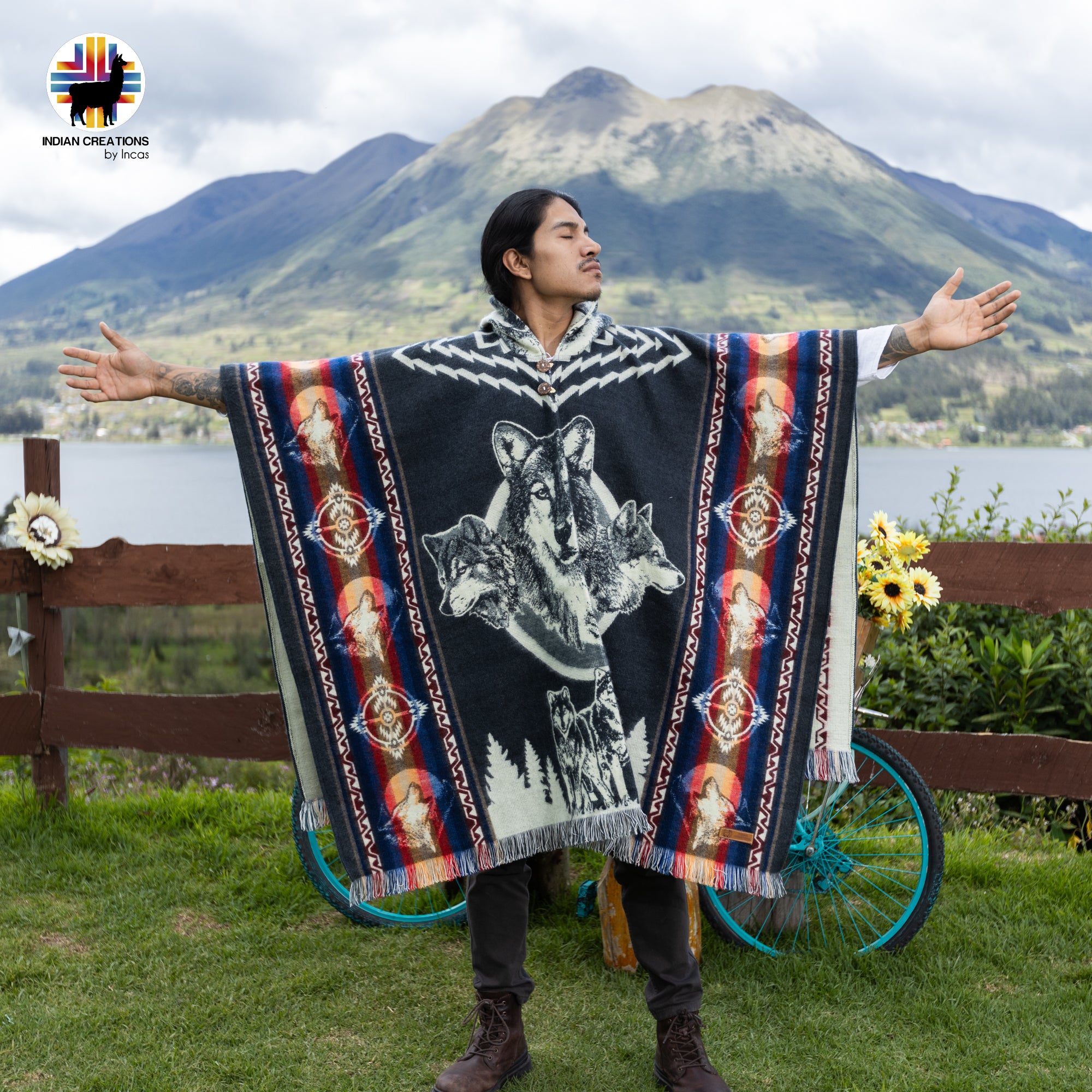 Wolf Faces Alpaca Wool Poncho Handcrafted by Indigenous Hands.