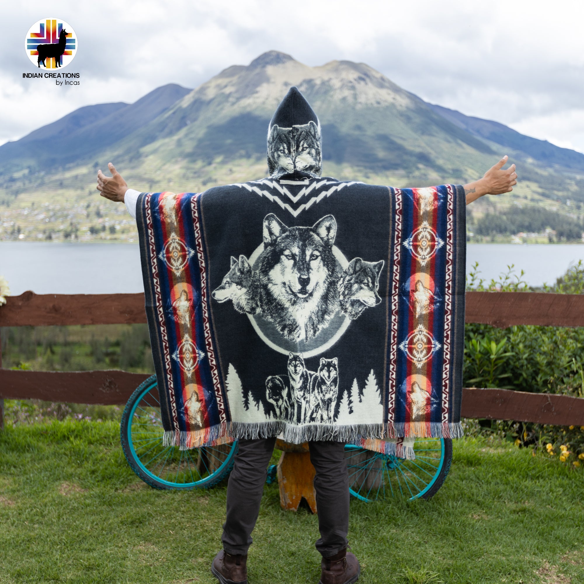Wolf Faces Alpaca Wool Poncho Handcrafted by Indigenous Hands.