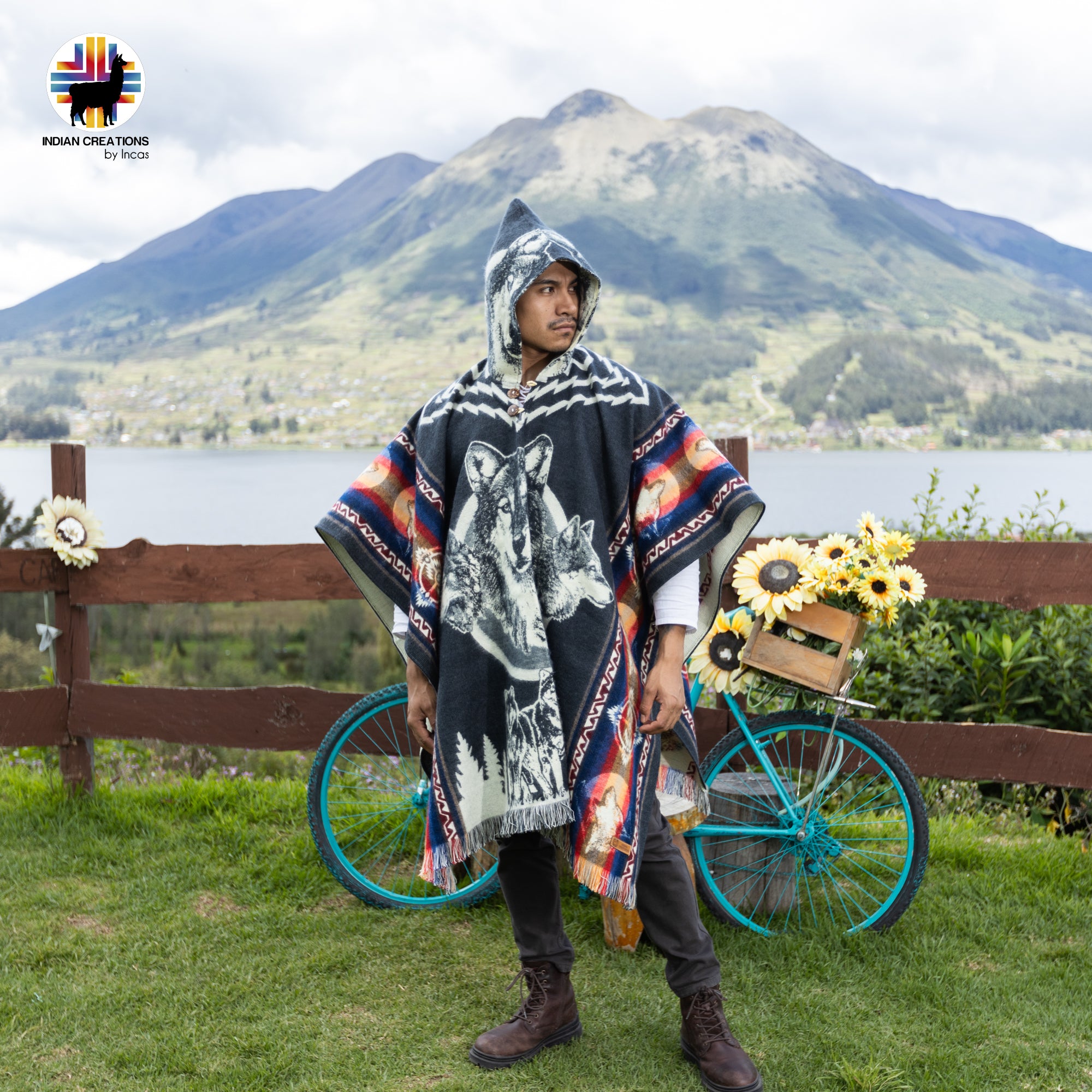 Wolf Faces Alpaca Wool Poncho Handcrafted by Indigenous Hands.
