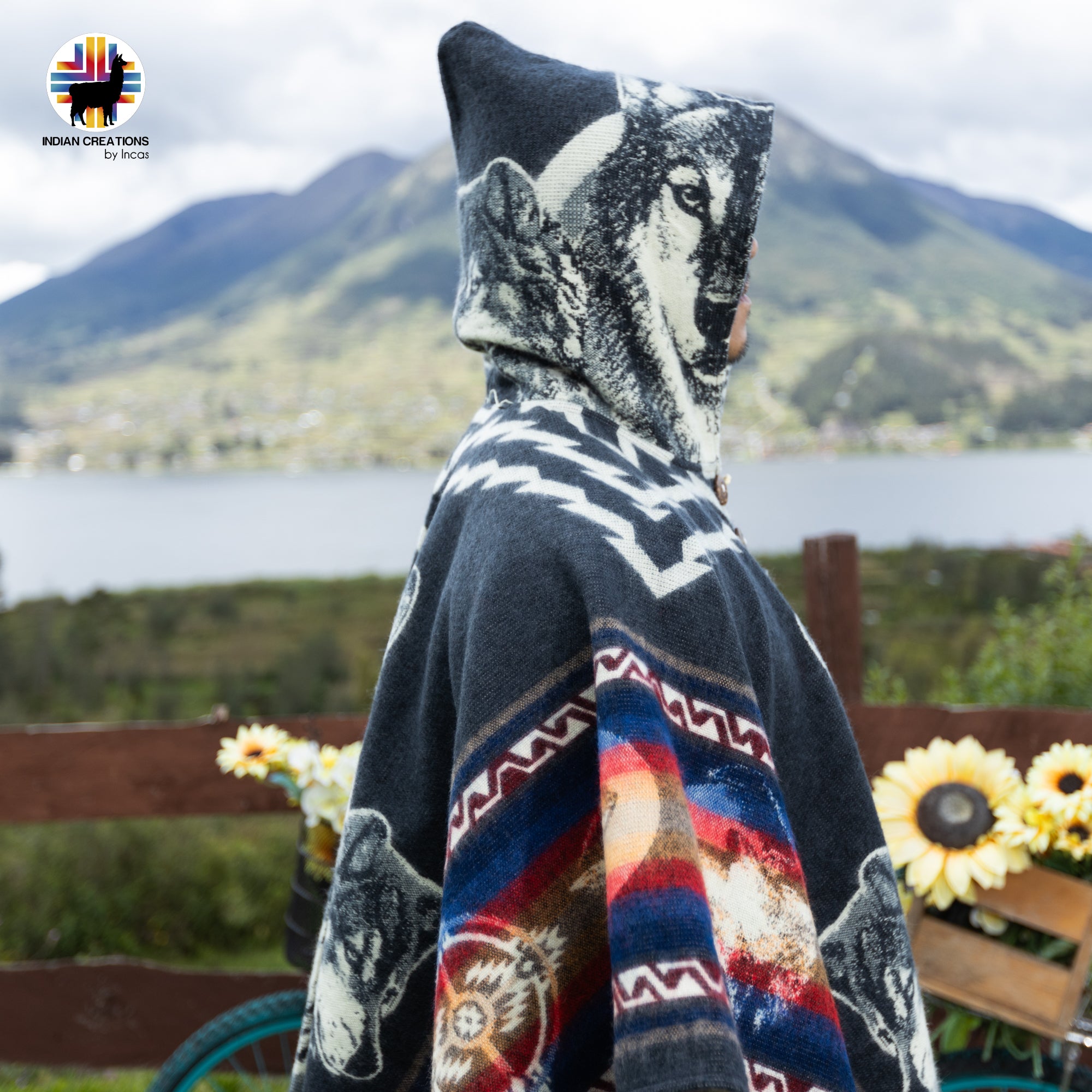 Wolf Faces Alpaca Wool Poncho Handcrafted by Indigenous Hands.