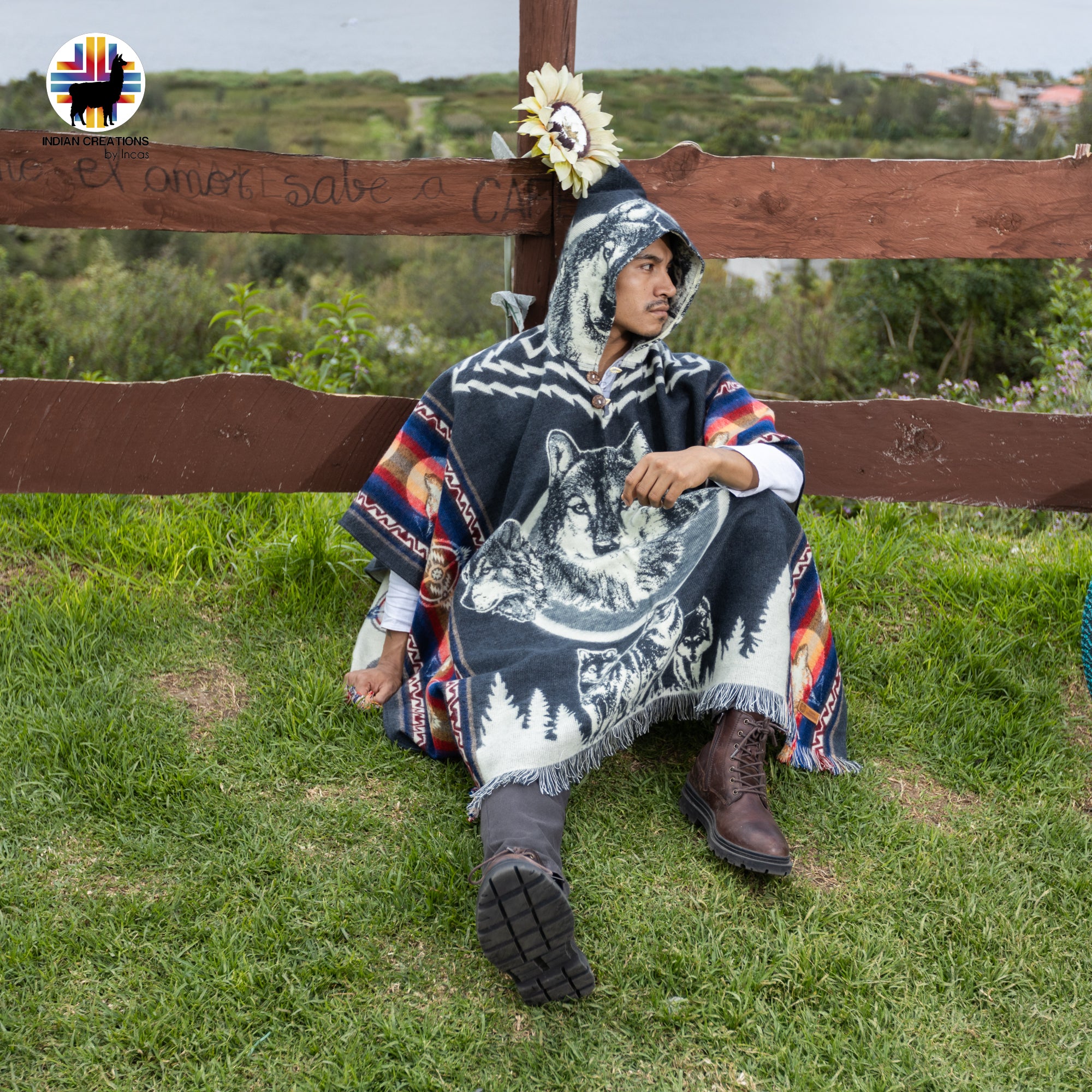 Wolf Faces Alpaca Wool Poncho Handcrafted by Indigenous Hands.
