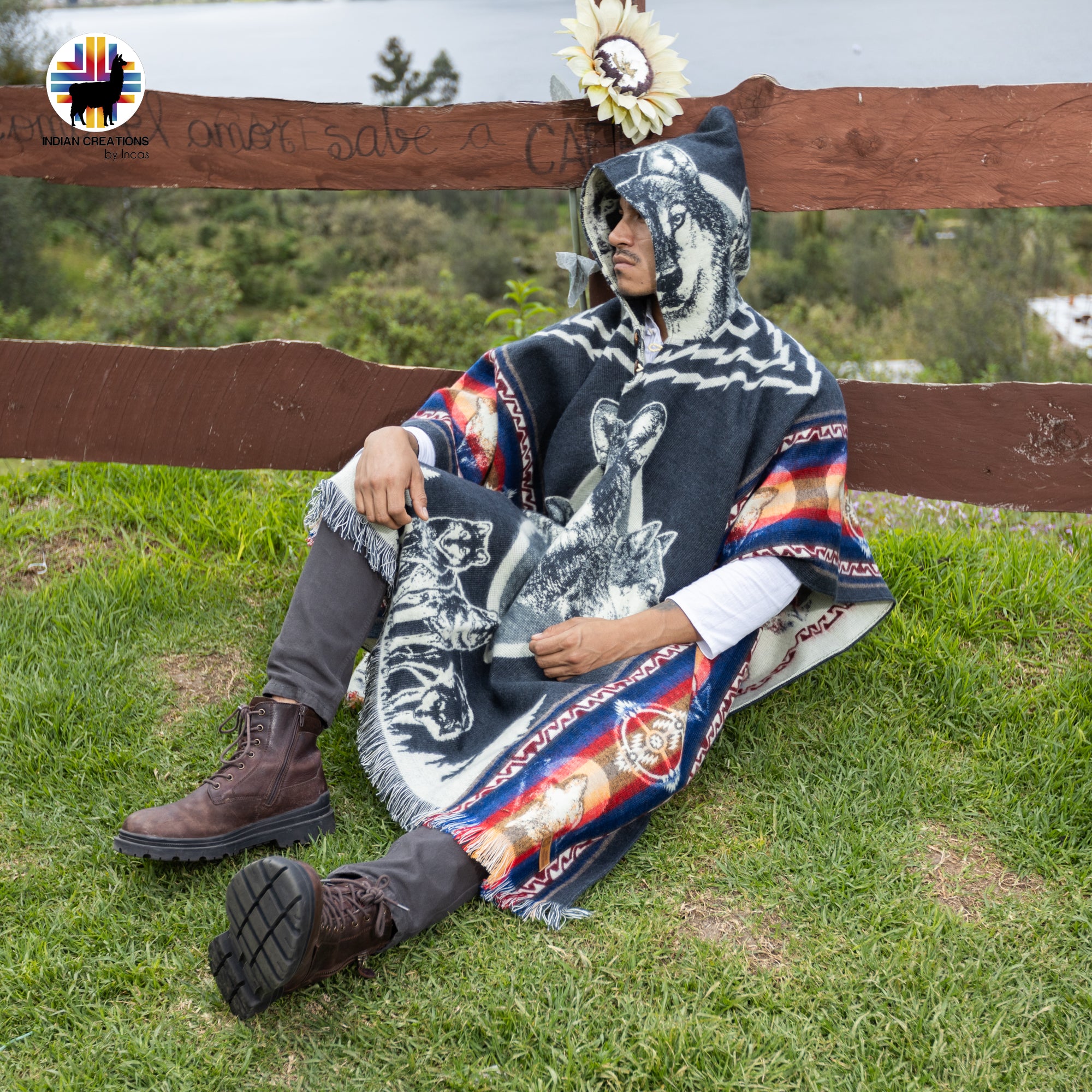Wolf Faces Alpaca Wool Poncho Handcrafted by Indigenous Hands.