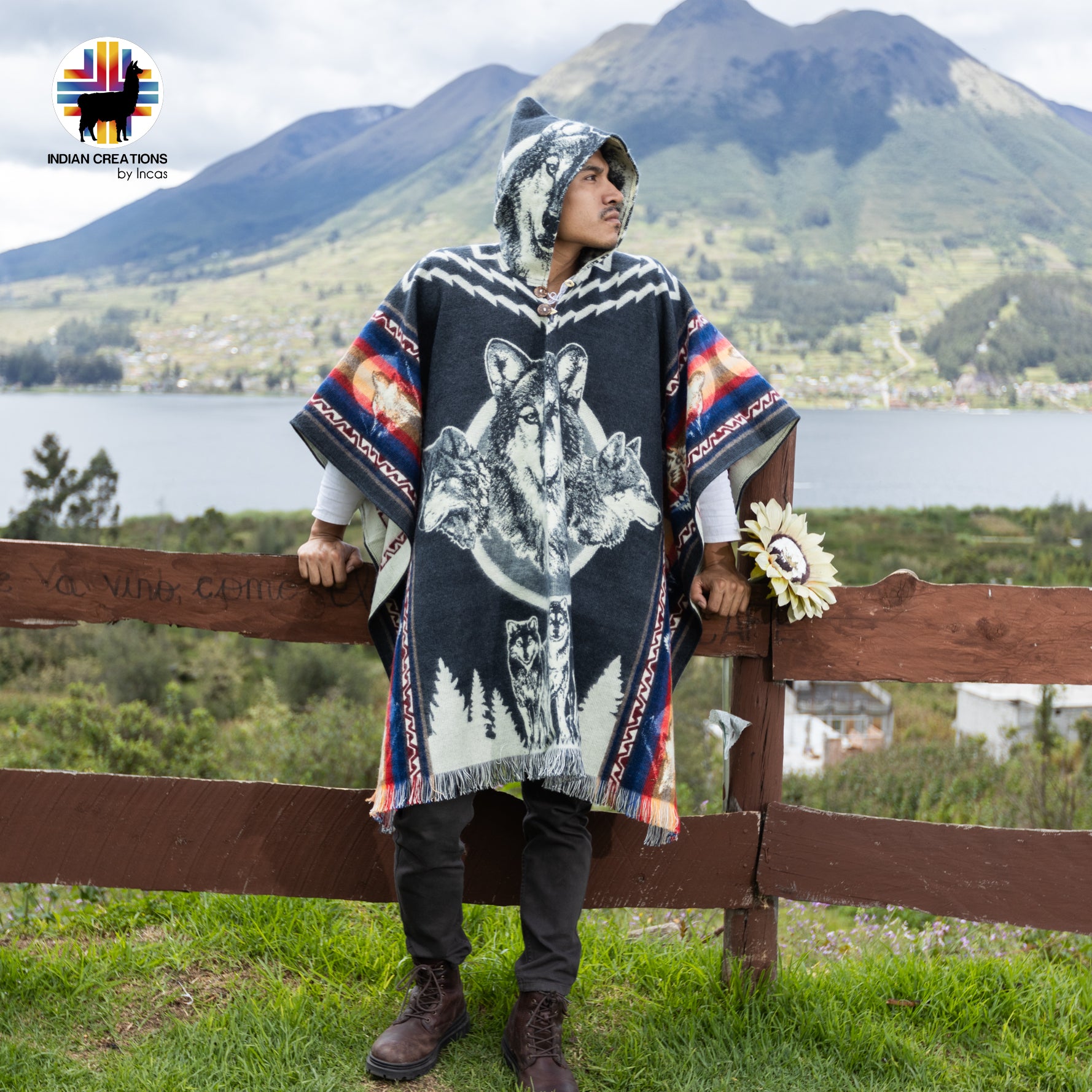 Wolf Faces Alpaca Wool Poncho Handcrafted by Indigenous Hands.