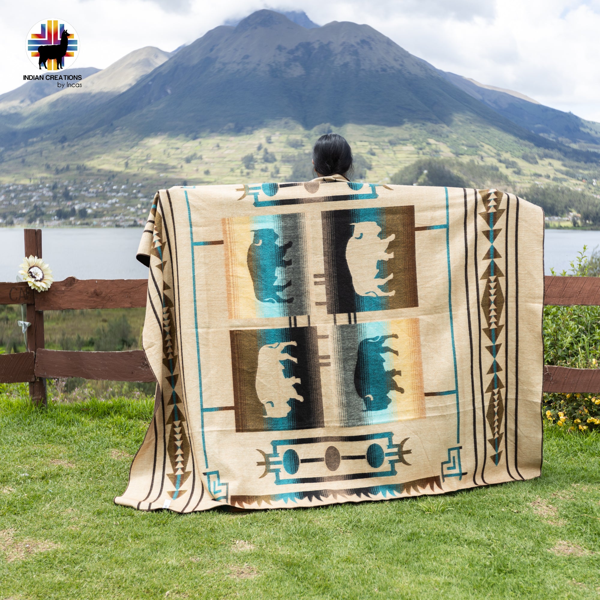 Aqua Buffalo Handmade Alpaca Wool Blanket. Queen Size.