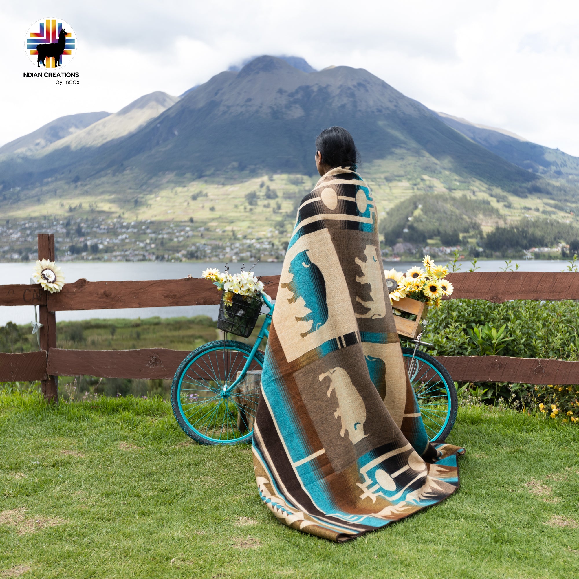 Aqua Buffalo Handmade Alpaca Wool Blanket. Queen Size.