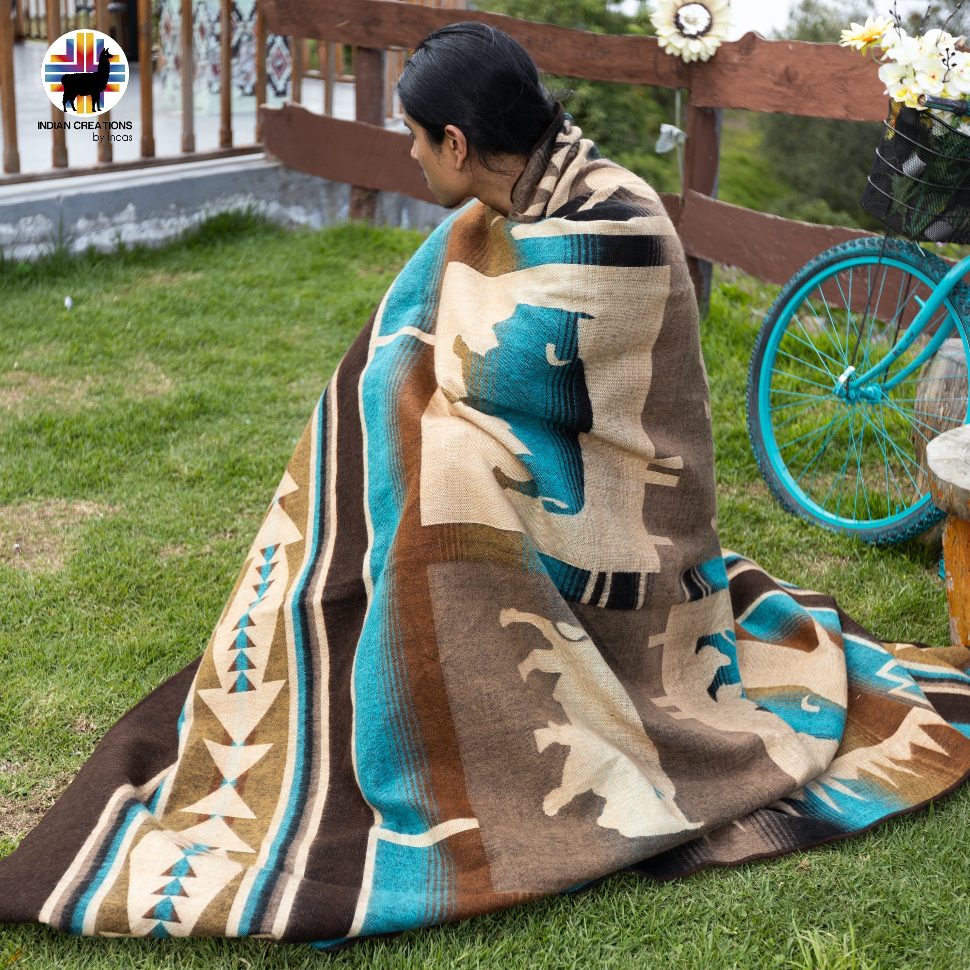 Aqua Buffalo Handmade Alpaca Wool Blanket. Queen Size.