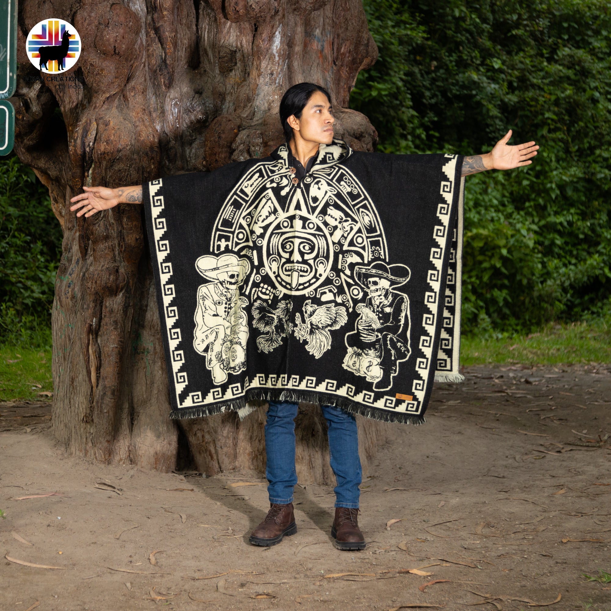 Cockfighting Alpaca Wool Poncho Handcrafted by Indigenous Hands.
