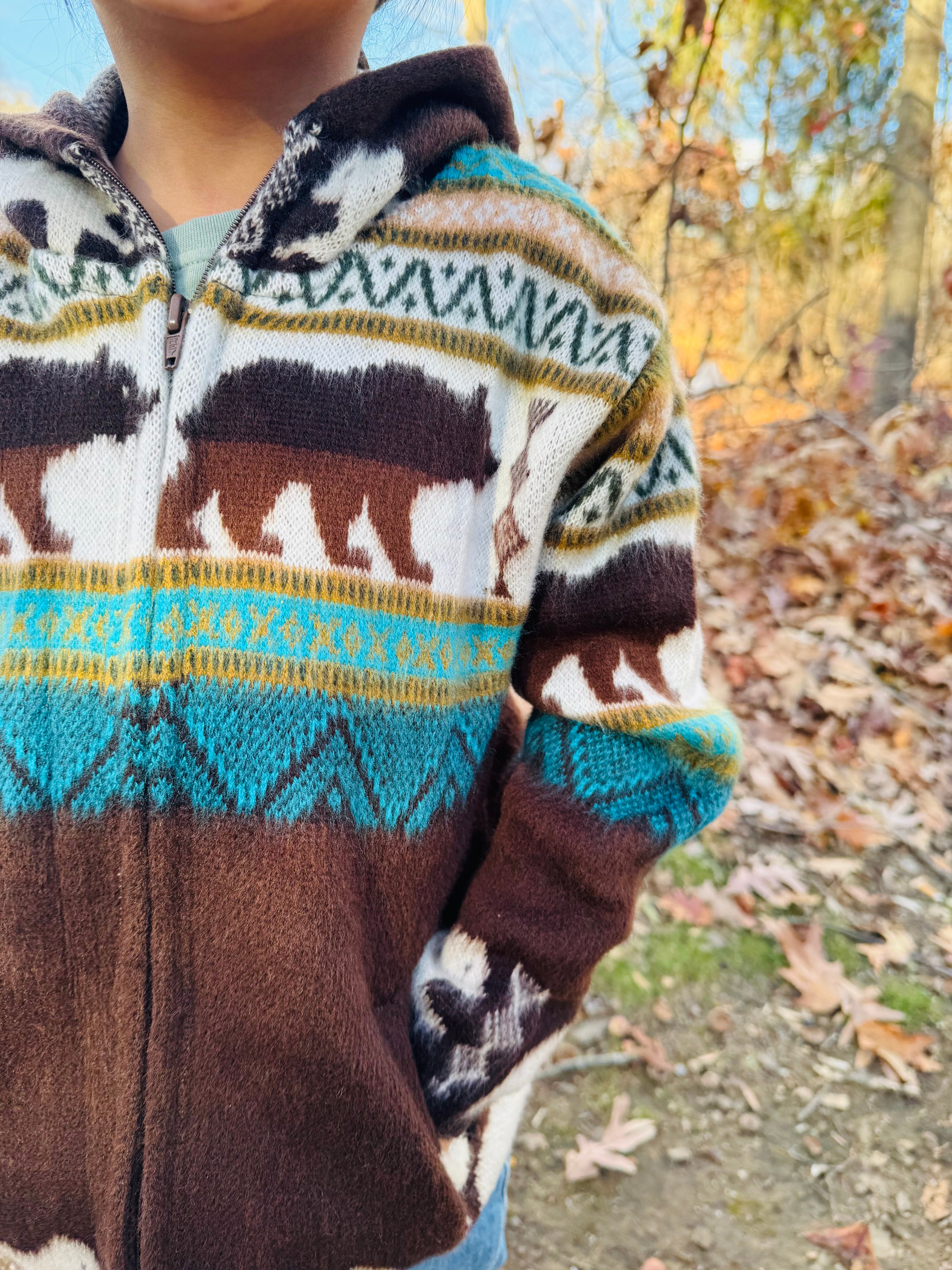 Dream Bear in Turquoise Handmade Native Alpaca Toddlers/Kids Jacket