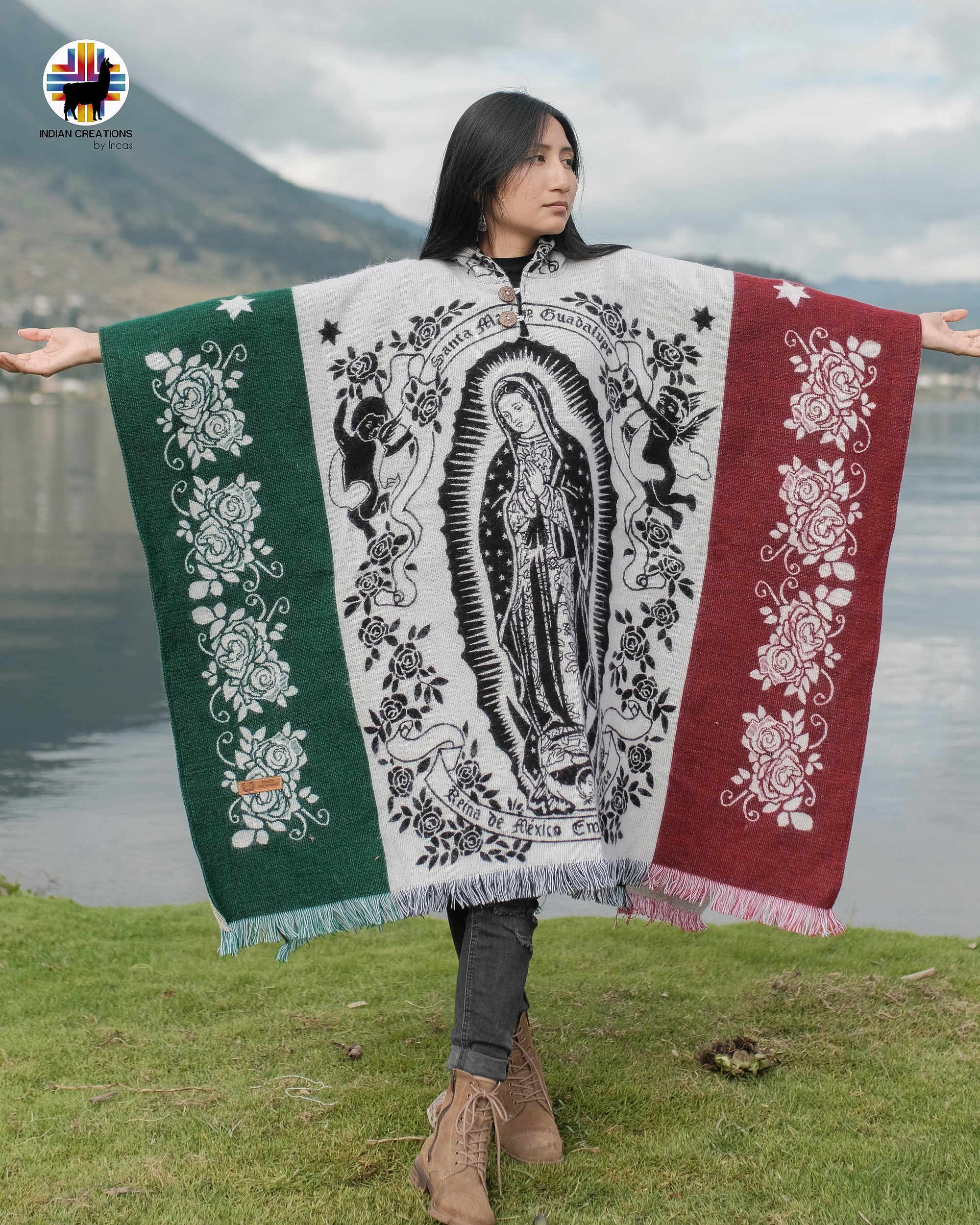 Lady of Guadalupe Mexican Flag Alpaca Poncho