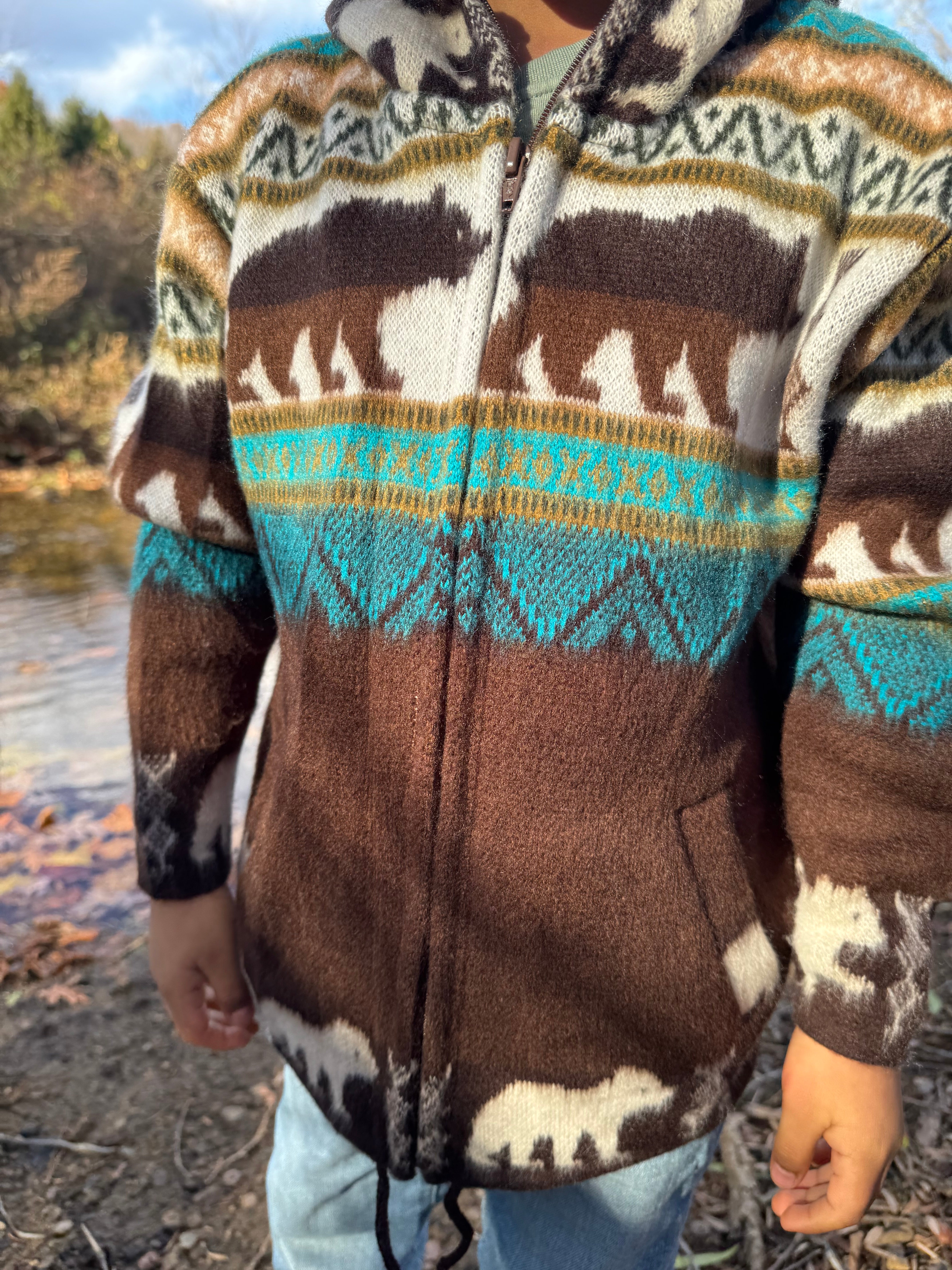 Dream Bear in Turquoise Handmade Native Alpaca Toddlers/Kids Jacket