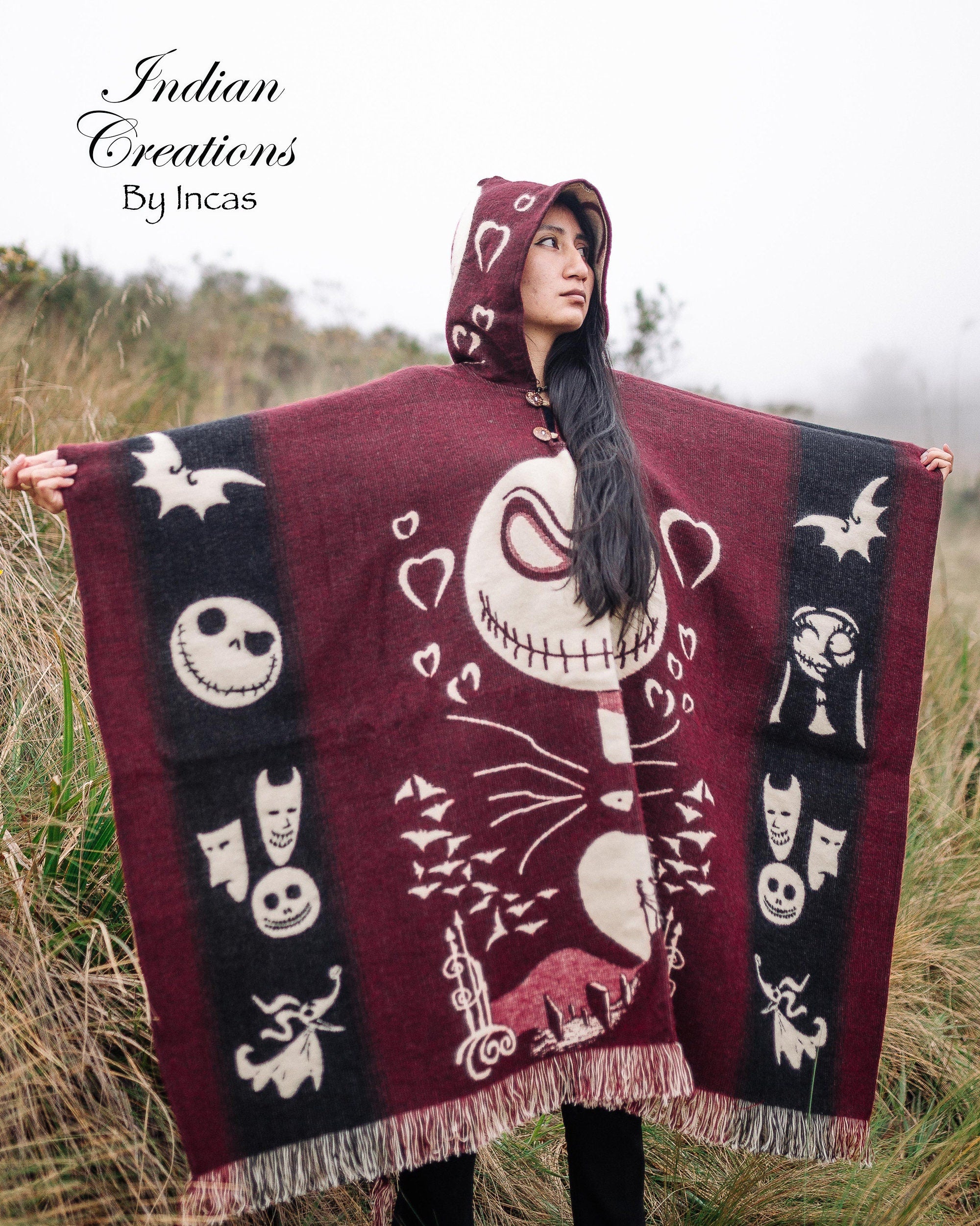 Handmade Alpaca Wool Poncho. (Red Skull) Exclusive Design. Manufactured in Ecuador.One Size.Unisex use with hood. FREE SHIPPING! Gift Ideas.