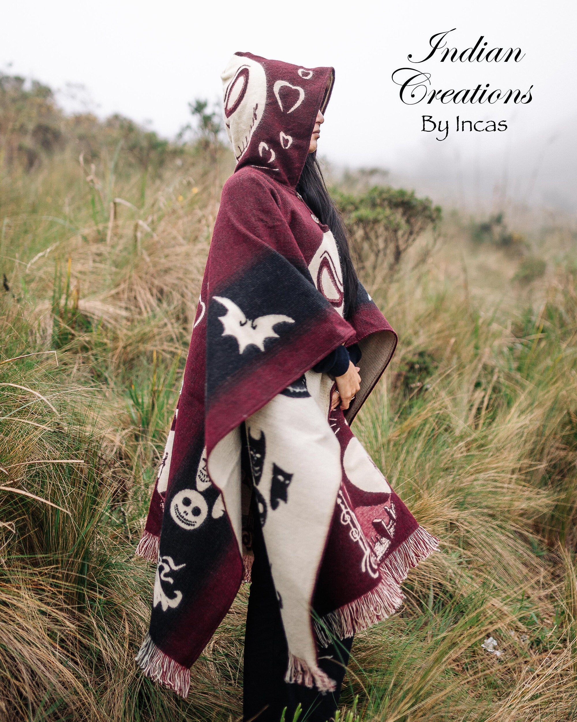 Handmade Alpaca Wool Poncho. (Red Skull) Exclusive Design. Manufactured in Ecuador.One Size.Unisex use with hood. FREE SHIPPING! Gift Ideas.