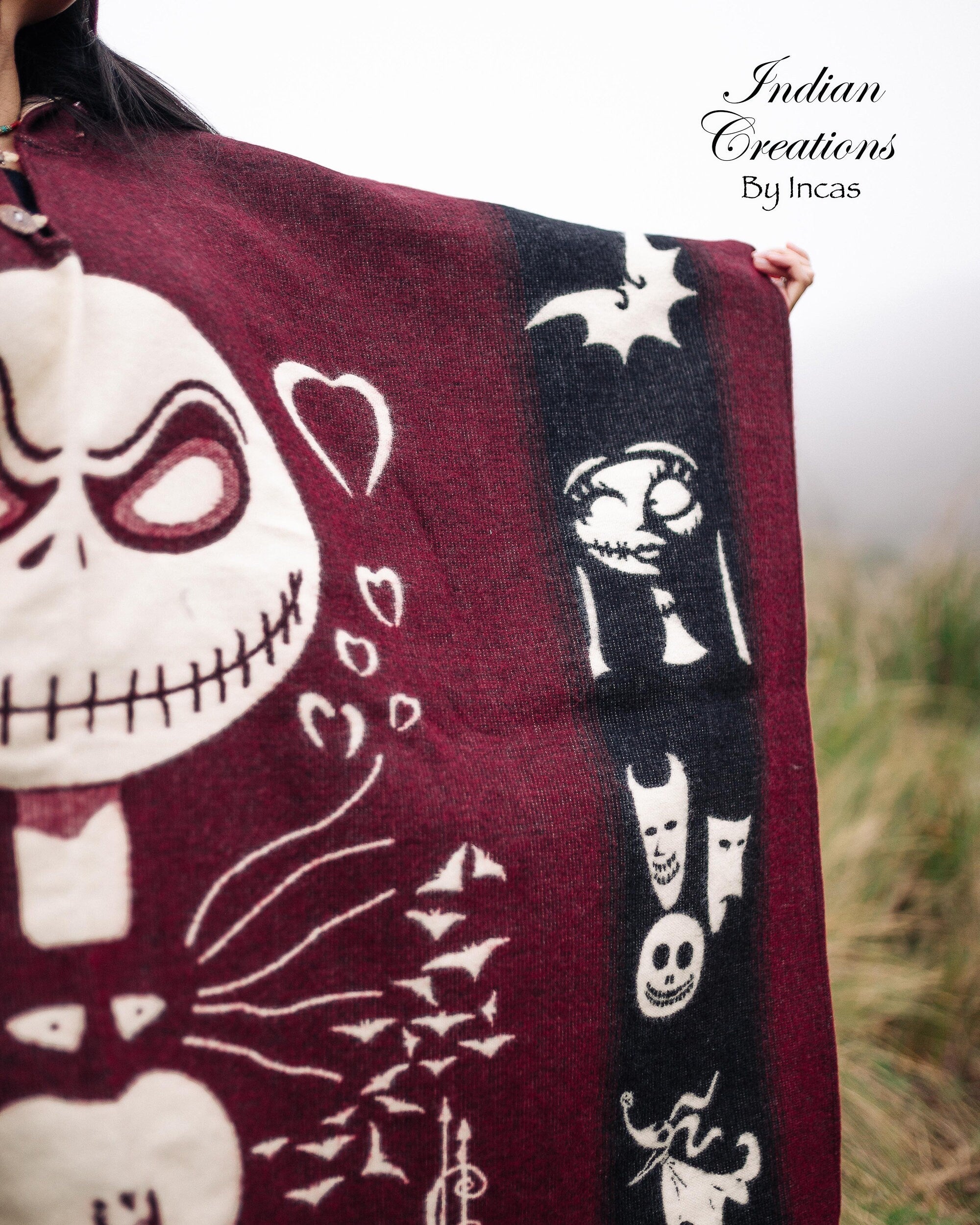 Handmade Alpaca Wool Poncho. (Red Skull) Exclusive Design. Manufactured in Ecuador.One Size.Unisex use with hood. FREE SHIPPING! Gift Ideas.