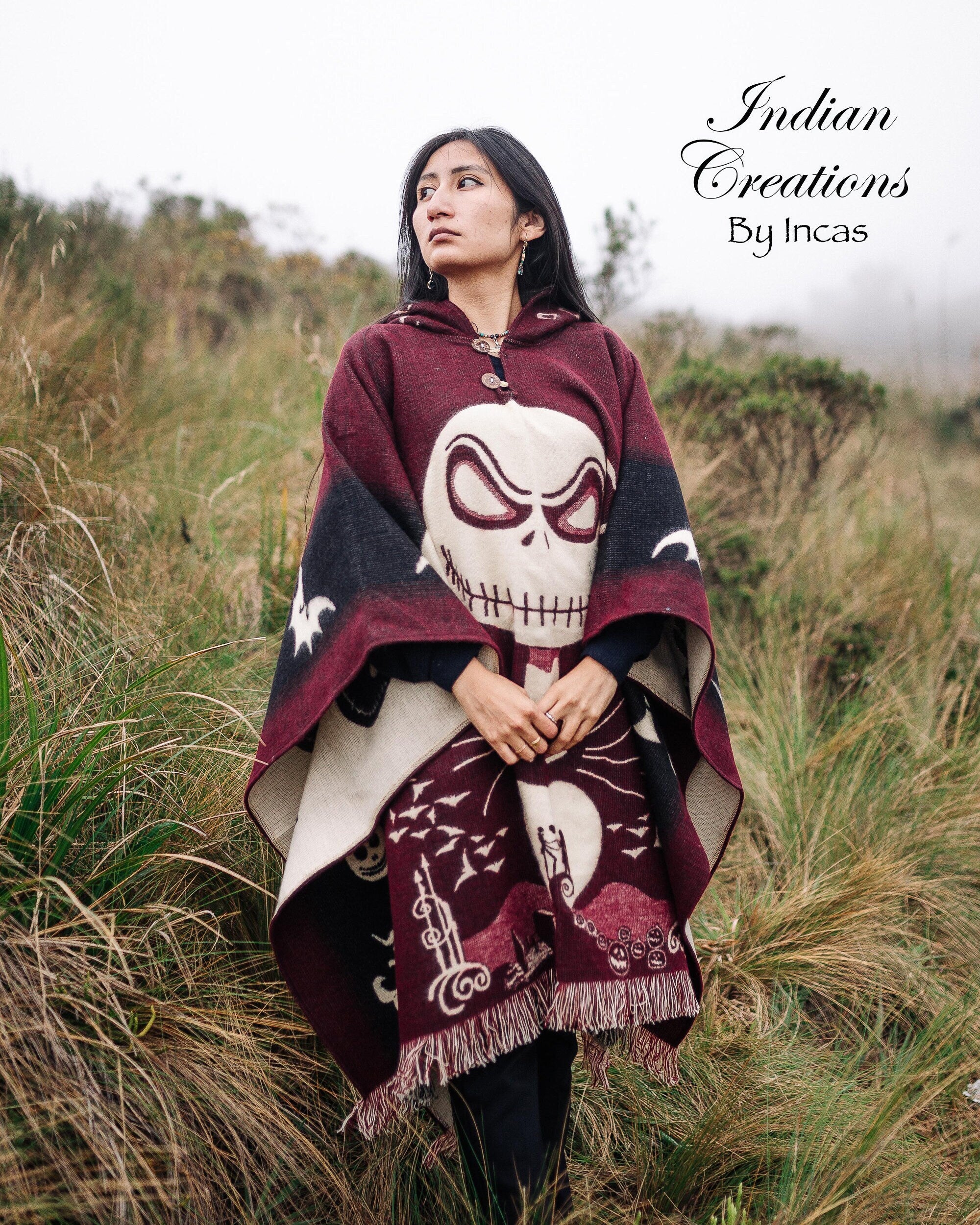 Handmade Alpaca Wool Poncho. (Red Skull) Exclusive Design. Manufactured in Ecuador.One Size.Unisex use with hood. FREE SHIPPING! Gift Ideas.