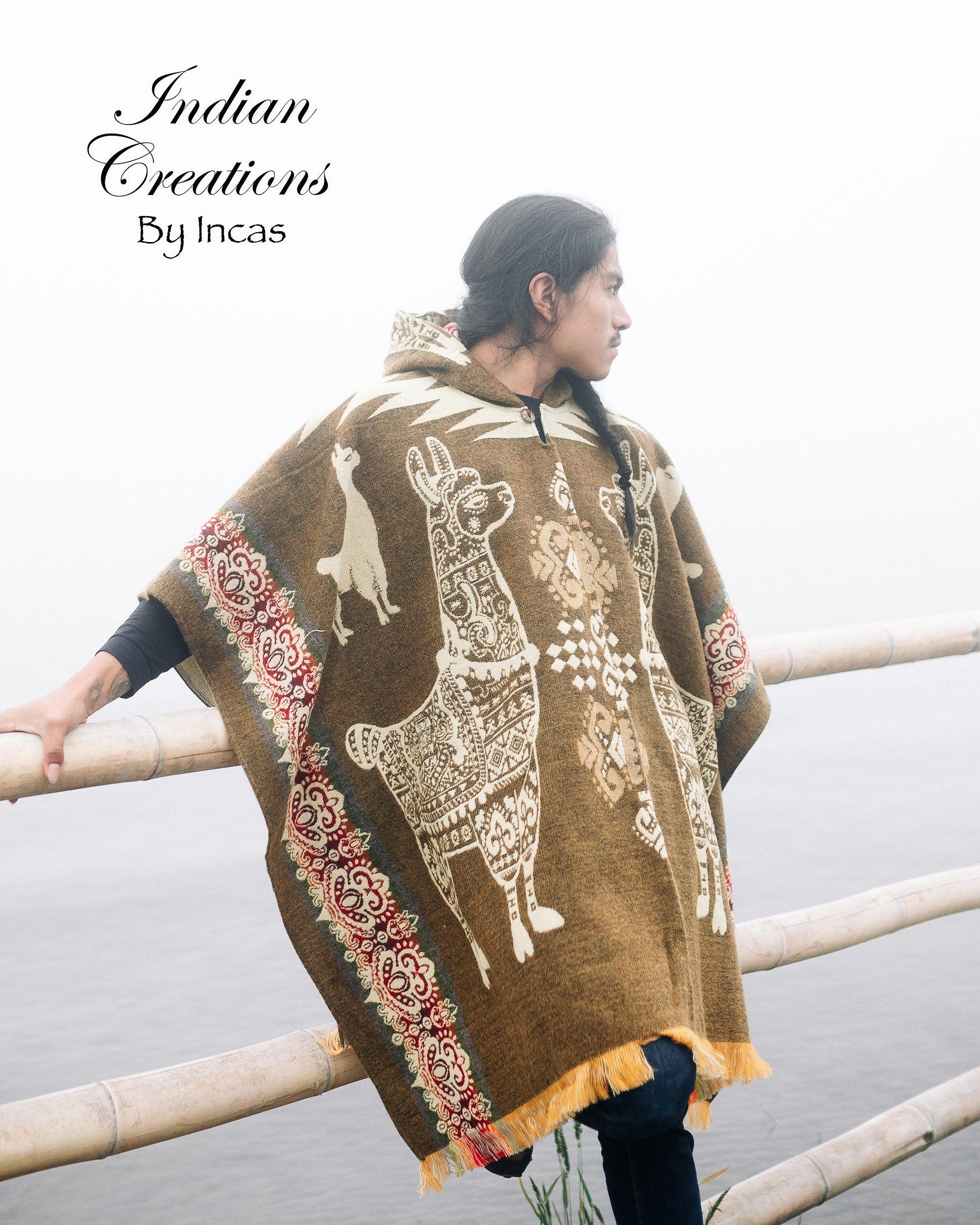 Handmade Alpaca Wool Poncho. Beautifully designed with llamas. Hooded Poncho. Unisex use. Machine Washable. Christmas Gift Ideas