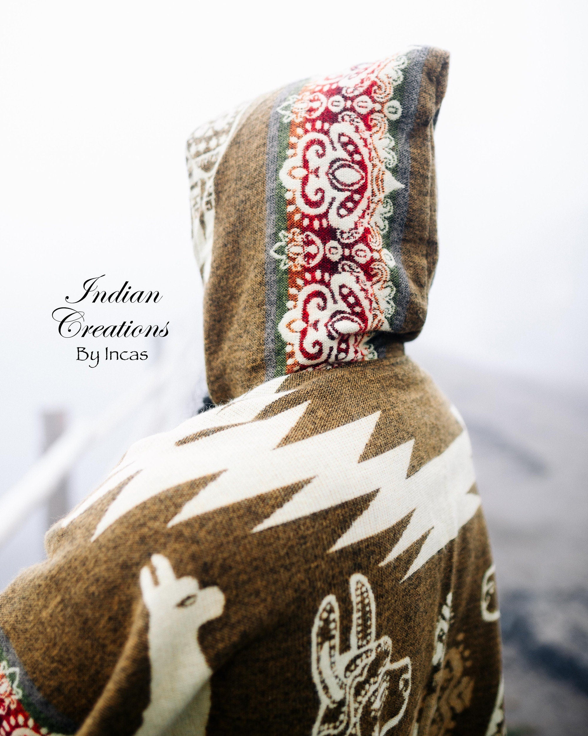 Handmade Alpaca Wool Poncho. Beautifully designed with llamas. Hooded Poncho. Unisex use. Machine Washable. Christmas Gift Ideas