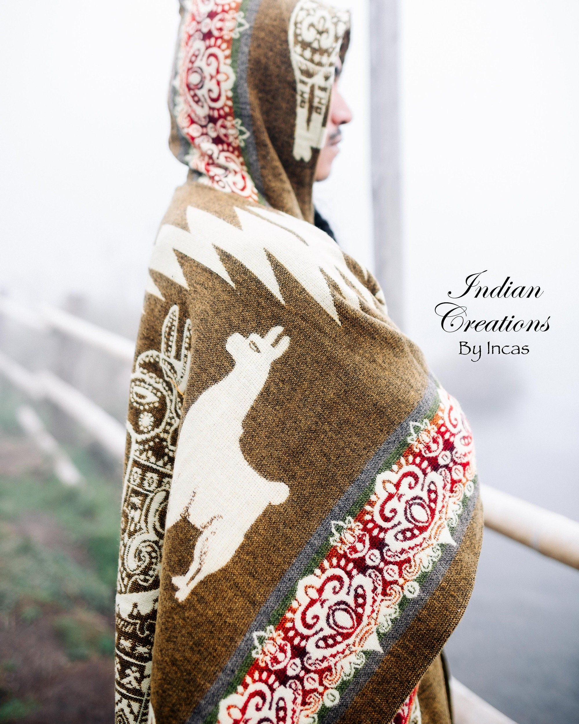 Handmade Alpaca Wool Poncho. Beautifully designed with llamas. Hooded Poncho. Unisex use. Machine Washable. Christmas Gift Ideas