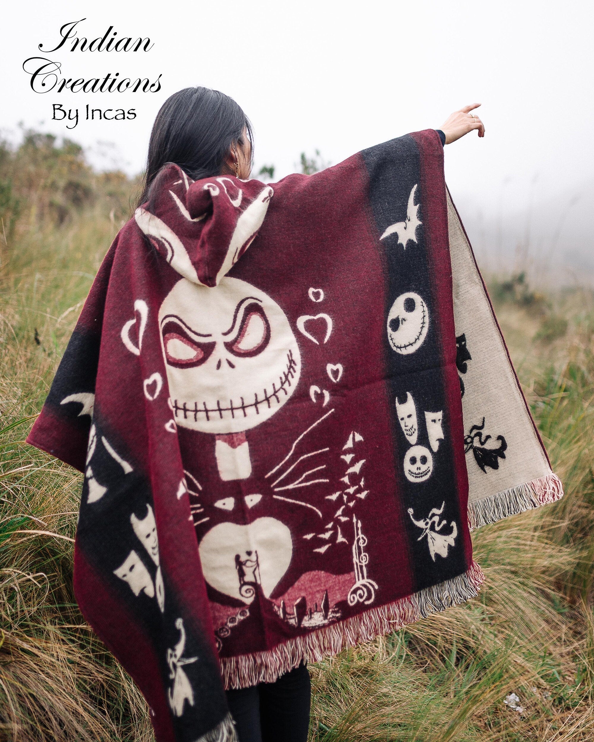 Handmade Alpaca Wool Poncho. (Red Skull) Exclusive Design. Manufactured in Ecuador.One Size.Unisex use with hood. FREE SHIPPING! Gift Ideas.