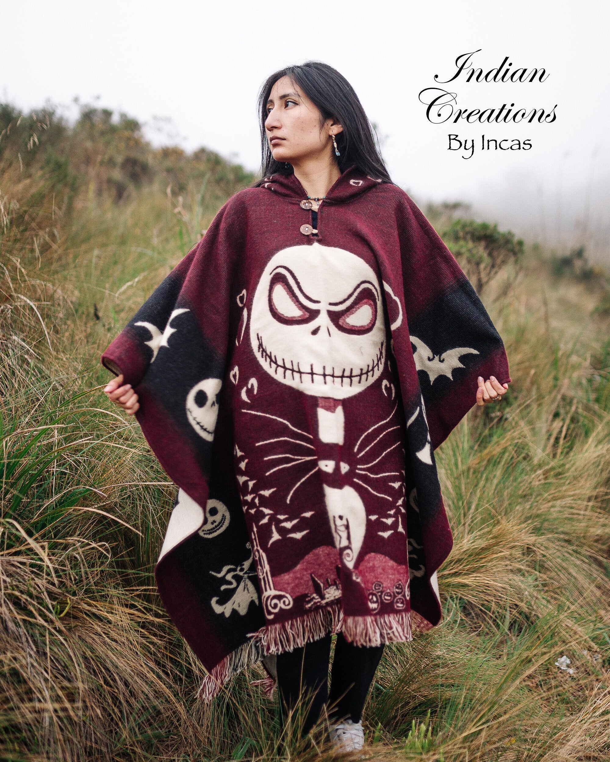 Handmade Alpaca Wool Poncho. (Red Skull) Exclusive Design. Manufactured in Ecuador.One Size.Unisex use with hood. FREE SHIPPING! Gift Ideas.
