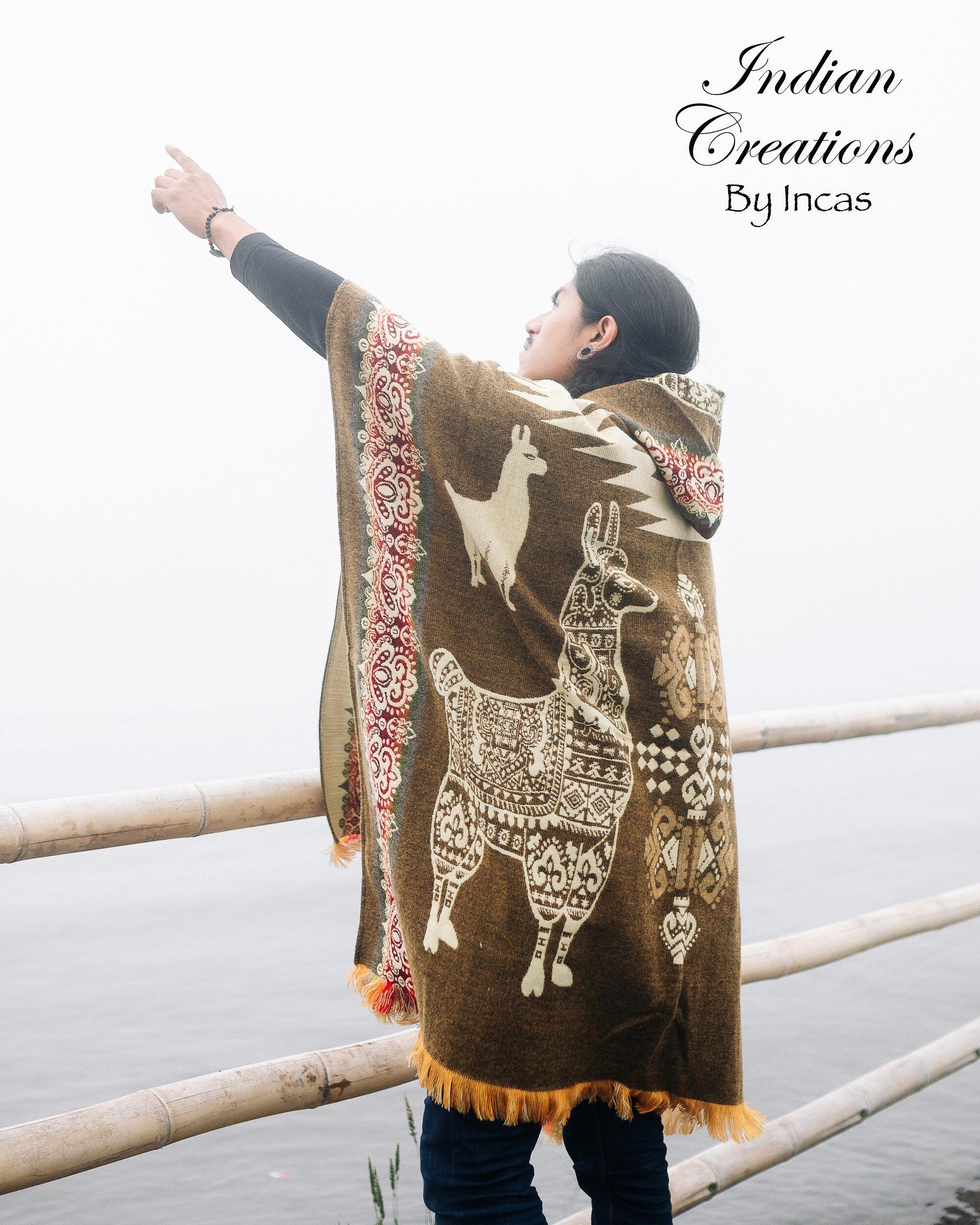 Handmade Alpaca Wool Poncho. Beautifully designed with llamas. Hooded Poncho. Unisex use. Machine Washable. Christmas Gift Ideas