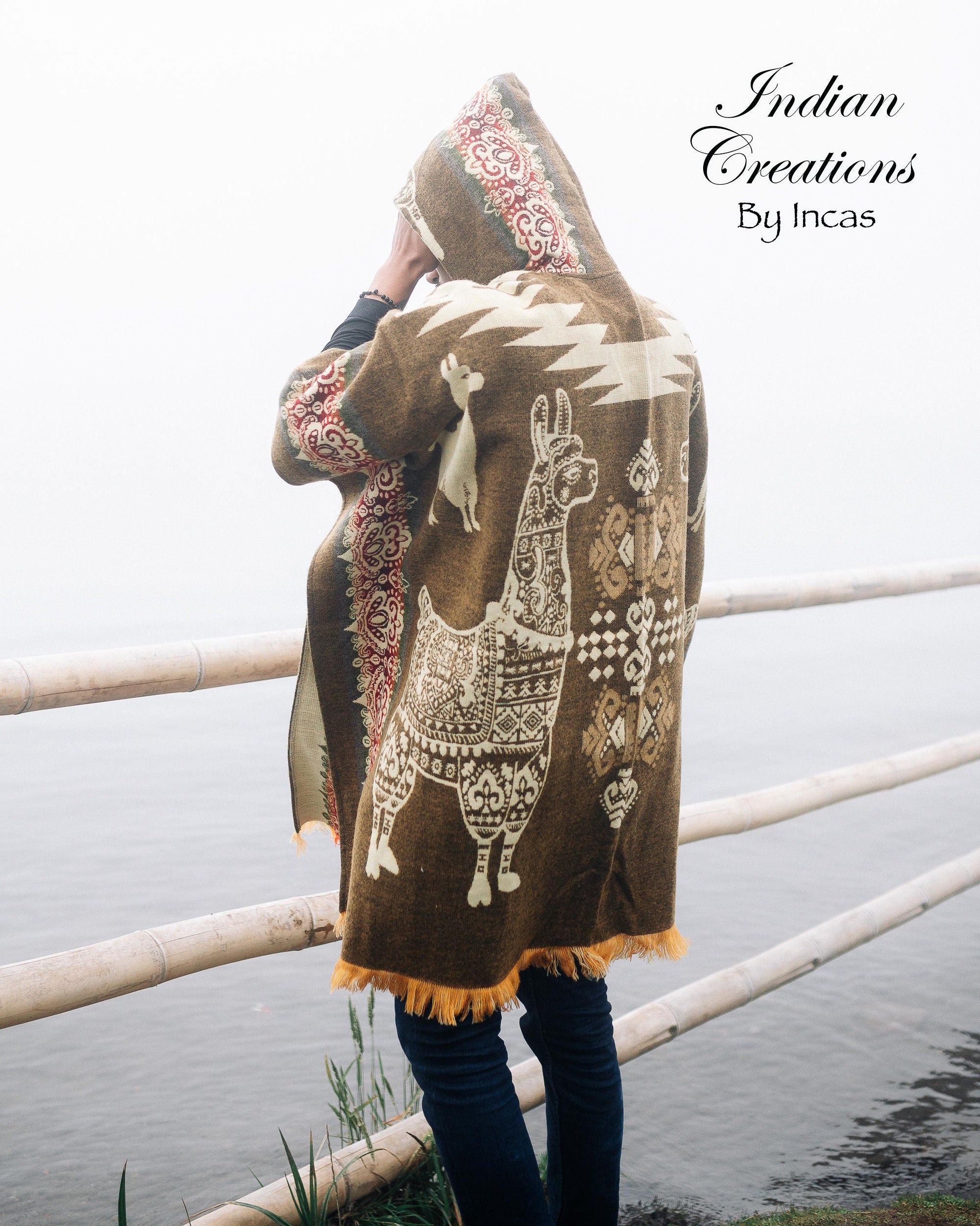 Handmade Alpaca Wool Poncho. Beautifully designed with llamas. Hooded Poncho. Unisex use. Machine Washable. Christmas Gift Ideas