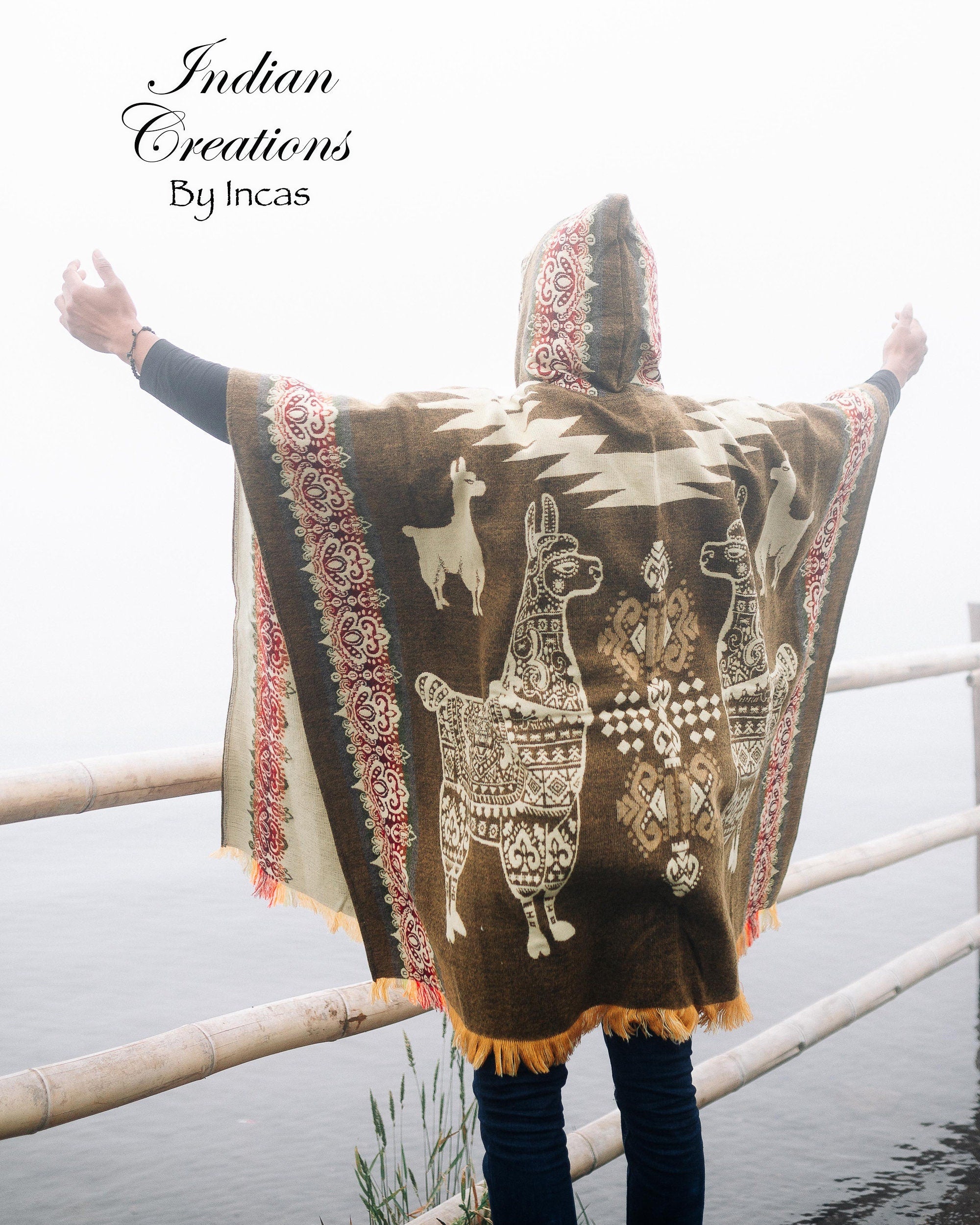 Handmade Alpaca Wool Poncho. Beautifully designed with llamas. Hooded Poncho. Unisex use. Machine Washable. Christmas Gift Ideas