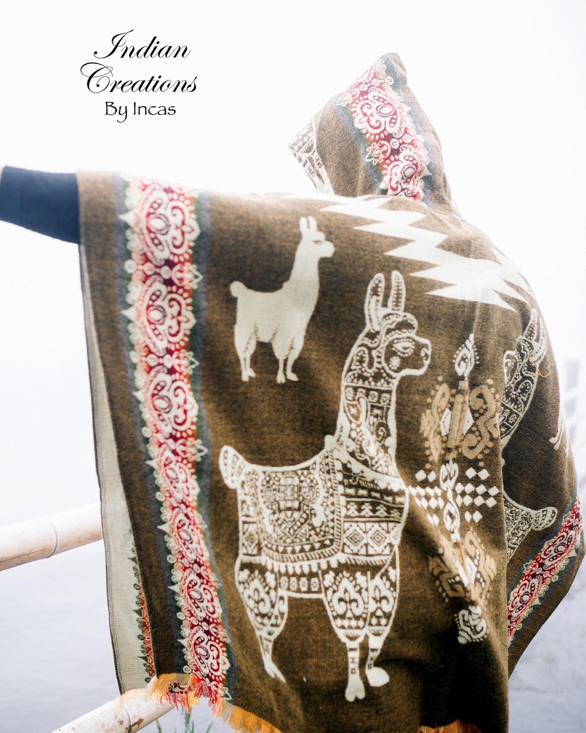 Handmade Alpaca Wool Poncho. Beautifully designed with llamas. Hooded Poncho. Unisex use. Machine Washable. Christmas Gift Ideas