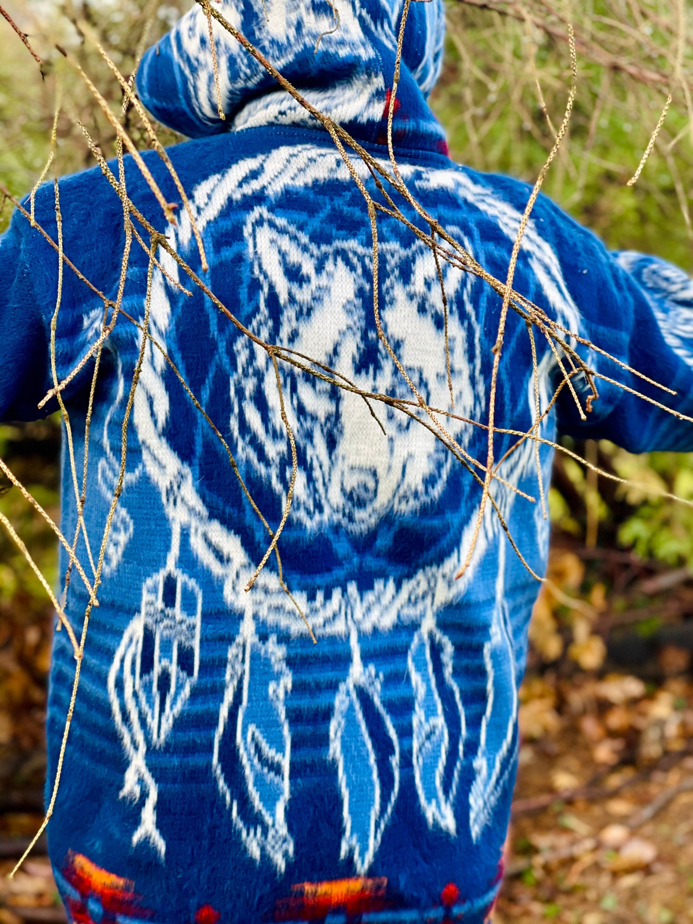 Handmade Alpaca Wool Jacket.(Dreamcatcher and Wolf) Crafted By Indigenous Hands. Machine Washable.Unisex.One Size. FREE SHIPPING! Gift Ideas