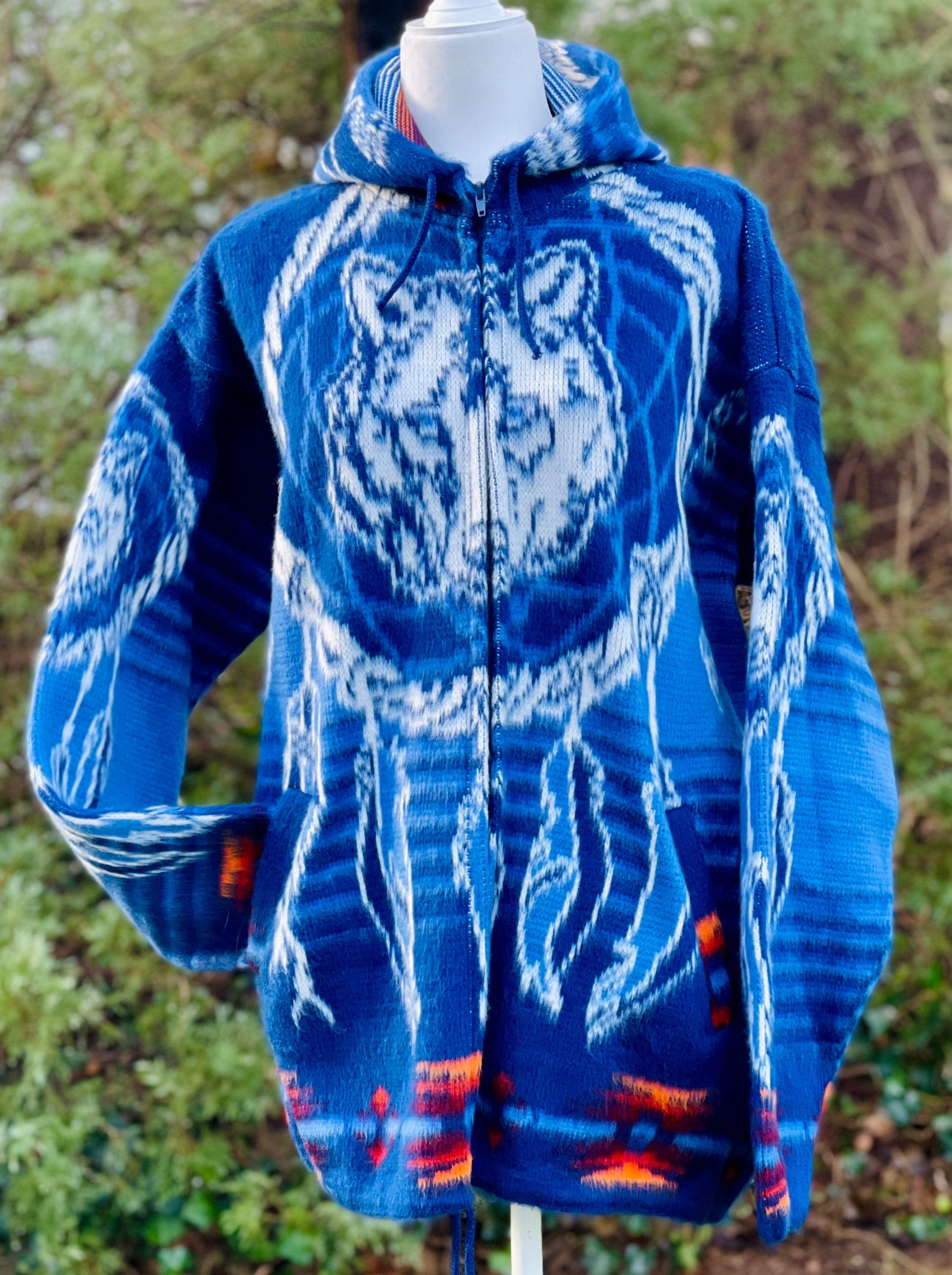 Handmade Alpaca Wool Jacket.(Dreamcatcher and Wolf) Crafted By Indigenous Hands. Machine Washable.Unisex.One Size. FREE SHIPPING! Gift Ideas