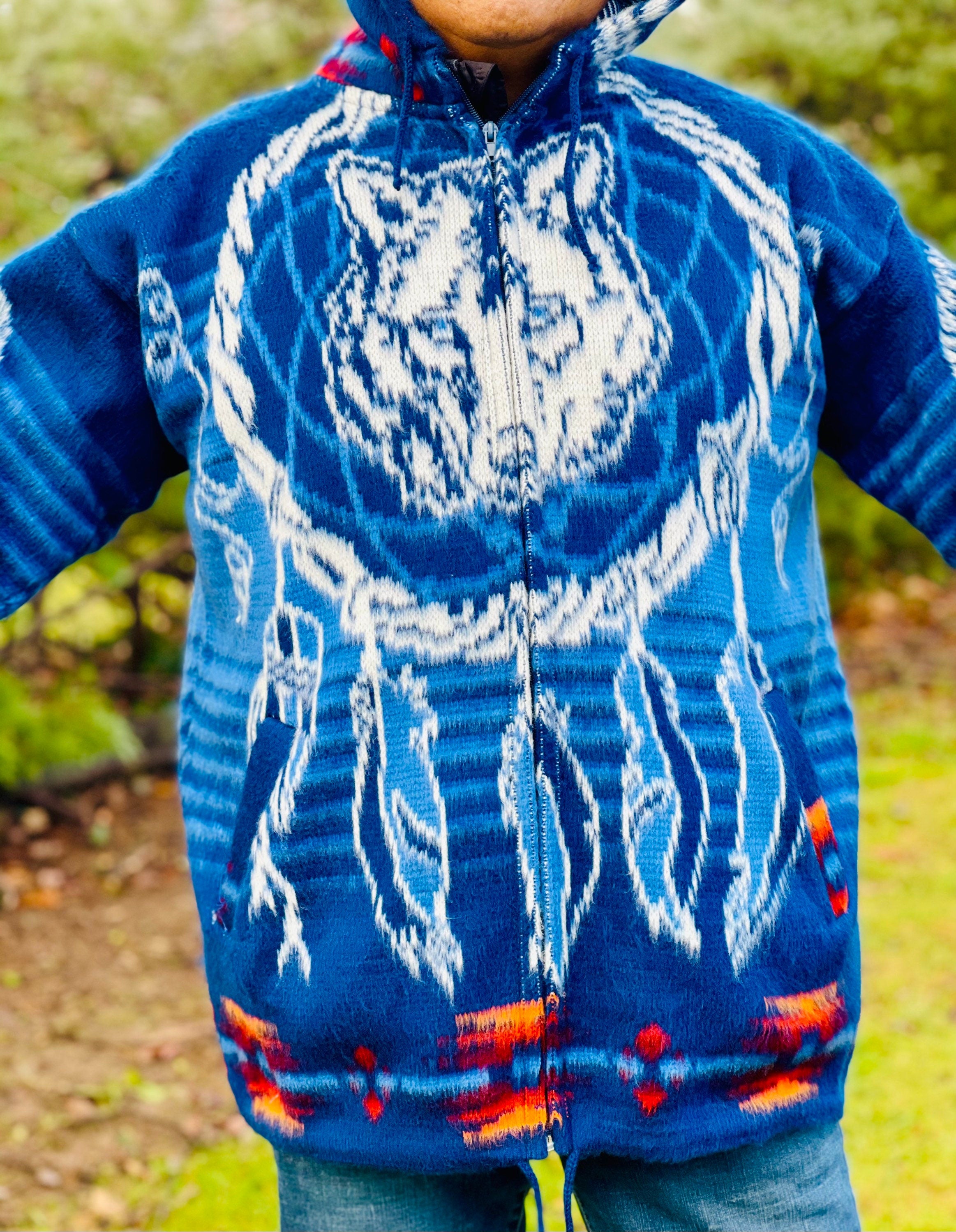 Handmade Alpaca Wool Jacket.(Dreamcatcher and Wolf) Crafted By Indigenous Hands. Machine Washable.Unisex.One Size. FREE SHIPPING! Gift Ideas