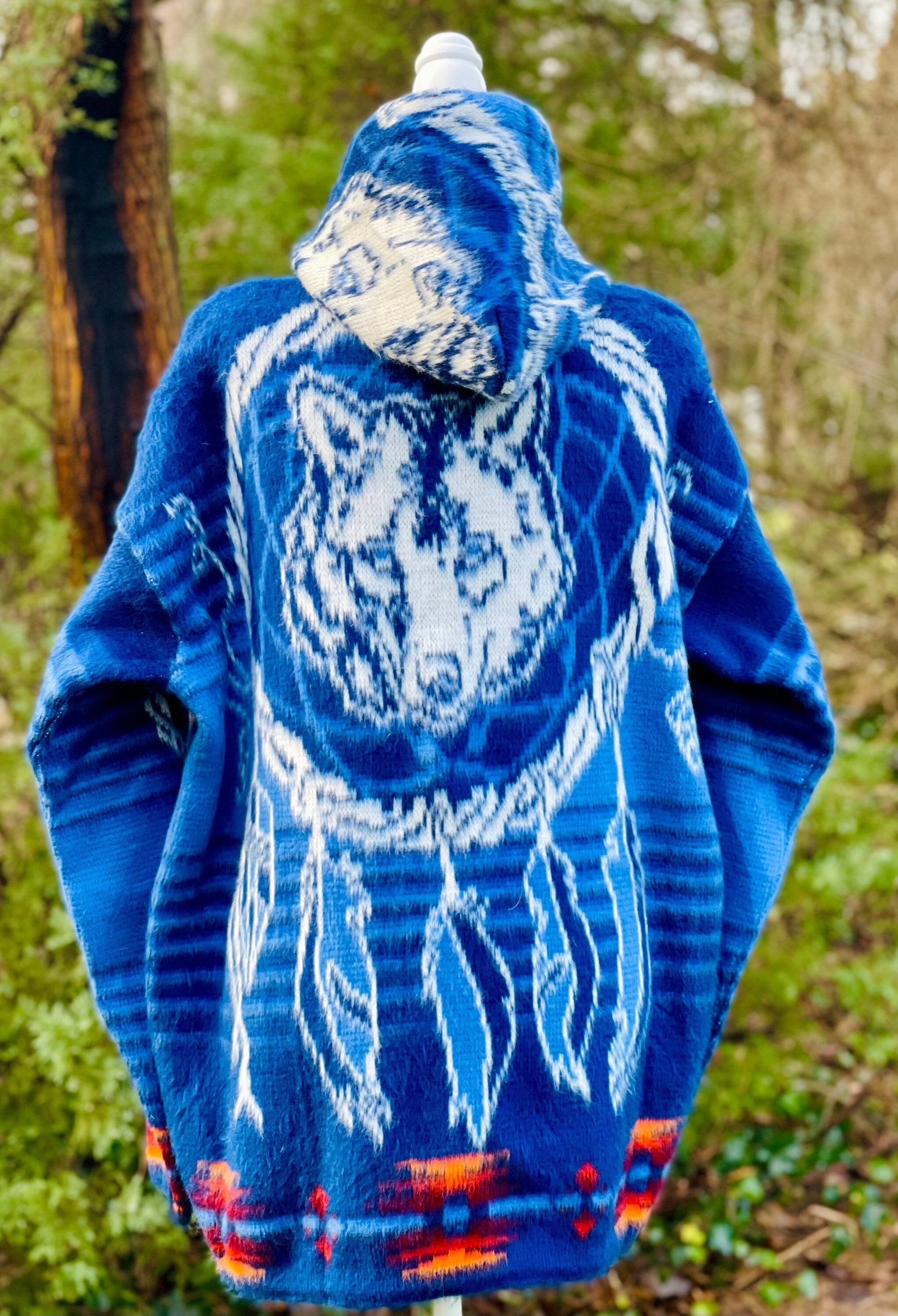 Handmade Alpaca Wool Jacket.(Dreamcatcher and Wolf) Crafted By Indigenous Hands. Machine Washable.Unisex.One Size. FREE SHIPPING! Gift Ideas