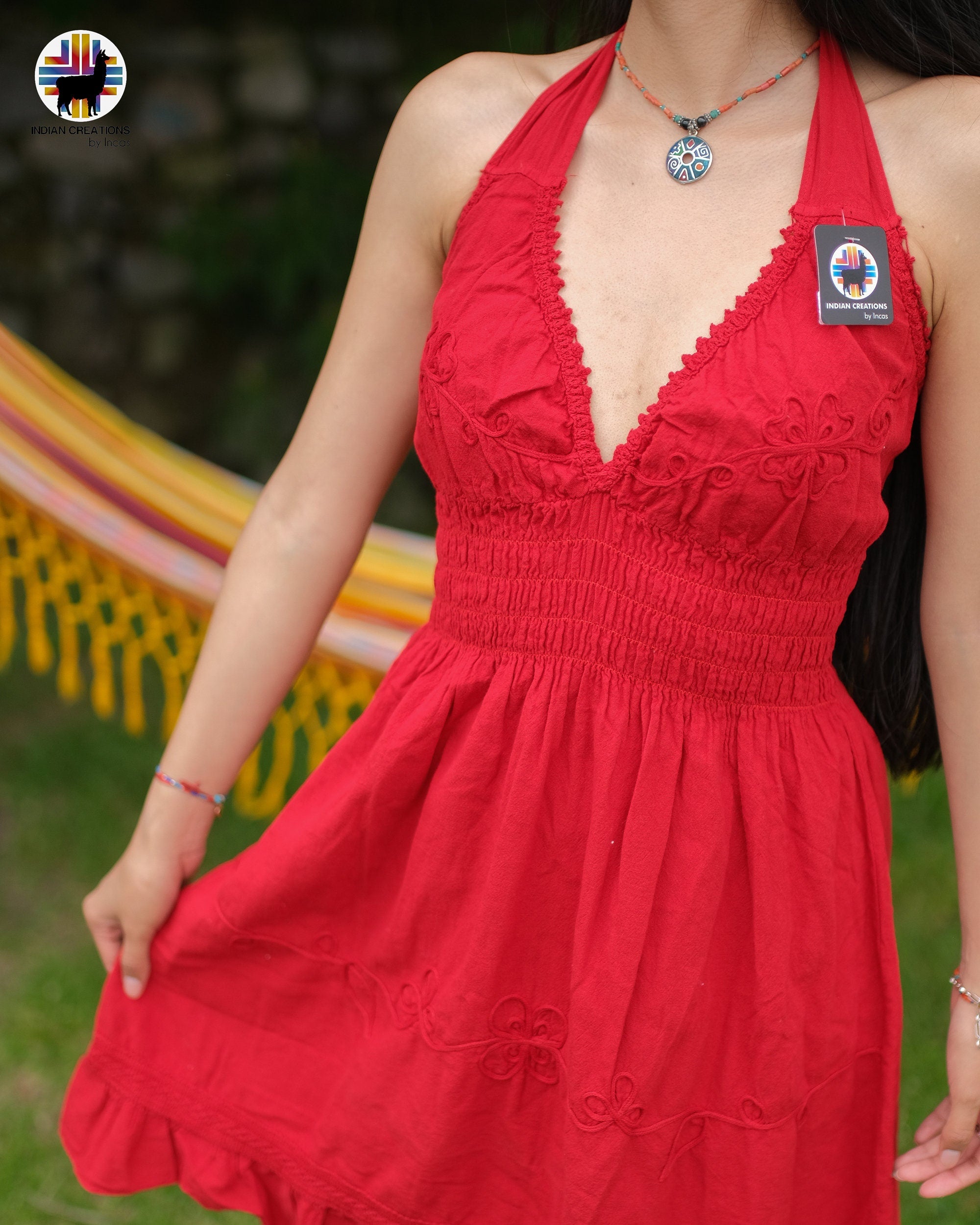 Hand-stitched Cotton Dress (Lily of the Valley in Red)Bohemian Style. Super Comfortable and Machine Washable.  San Valentine Gift Ideas
